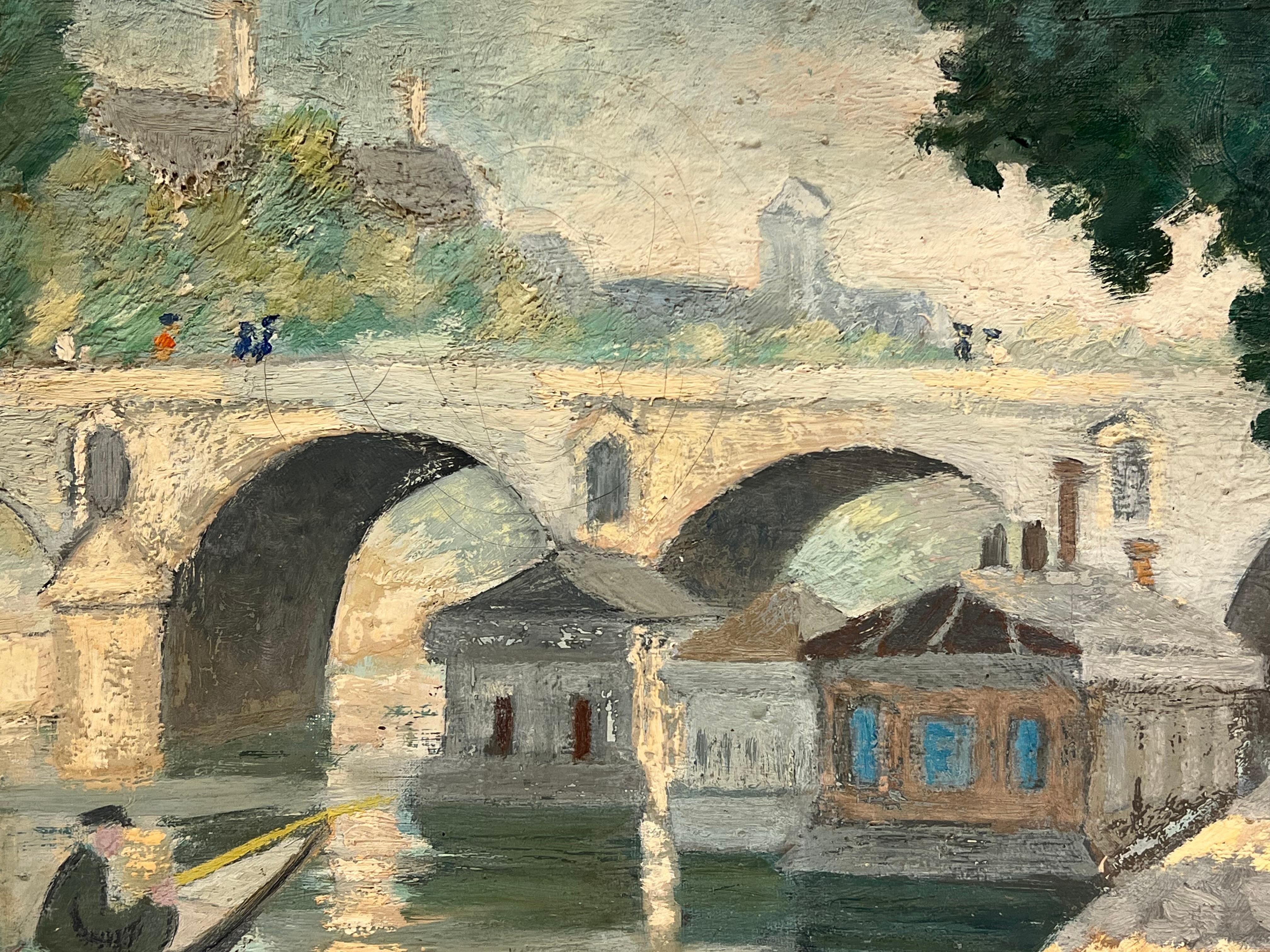 Huile sur toile du milieu du XXe siècle Scène au bord de l'eau avec personnages en train de ramer et pont de pierre - Cubisme Painting par Therese Hummel