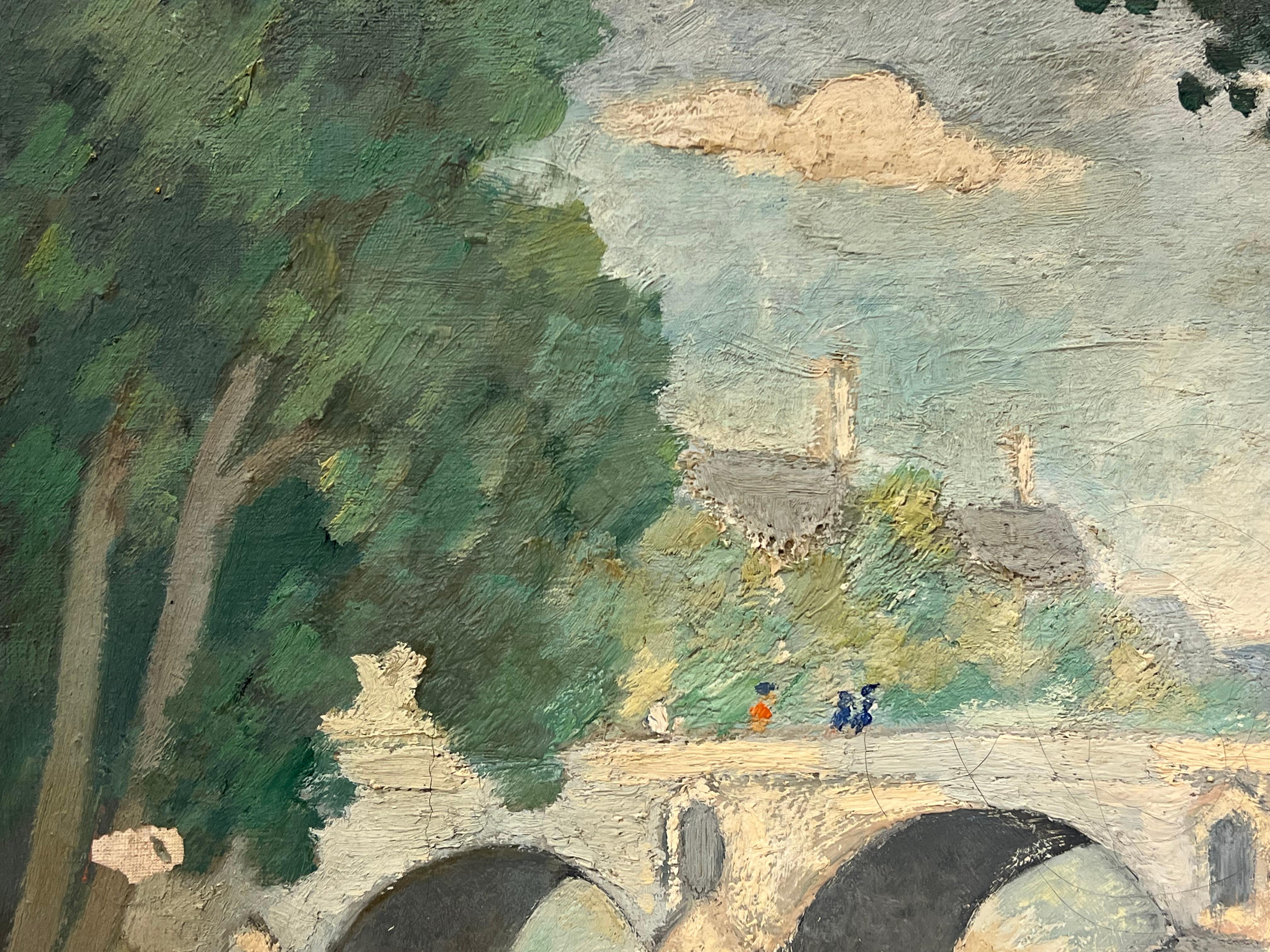 Huile sur toile du milieu du XXe siècle Scène au bord de l'eau avec personnages en train de ramer et pont de pierre - Gris Figurative Painting par Therese Hummel