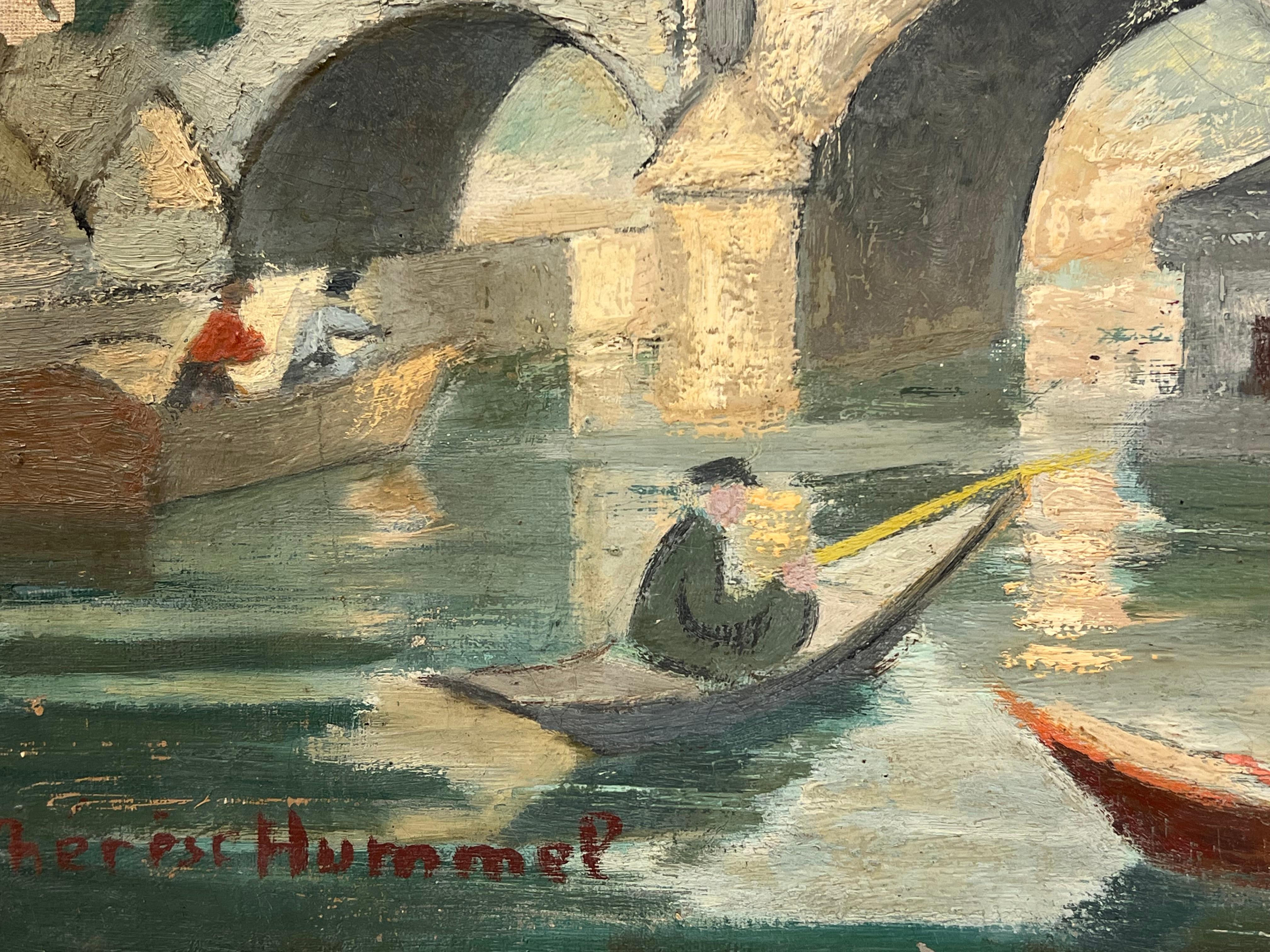 Huile sur toile du milieu du XXe siècle Scène au bord de l'eau avec personnages en train de ramer et pont de pierre en vente 1