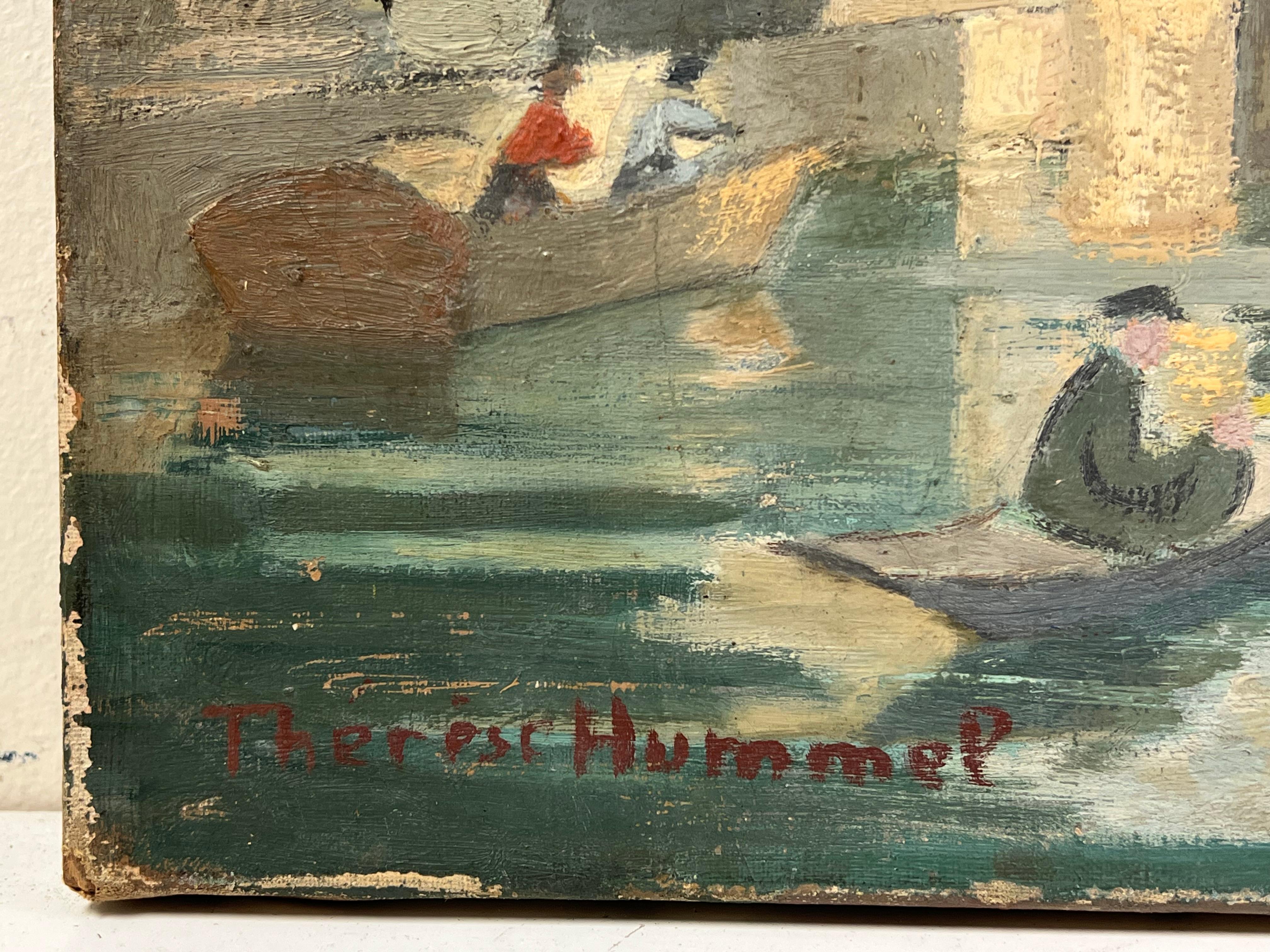 Huile sur toile du milieu du XXe siècle Scène au bord de l'eau avec personnages en train de ramer et pont de pierre en vente 2