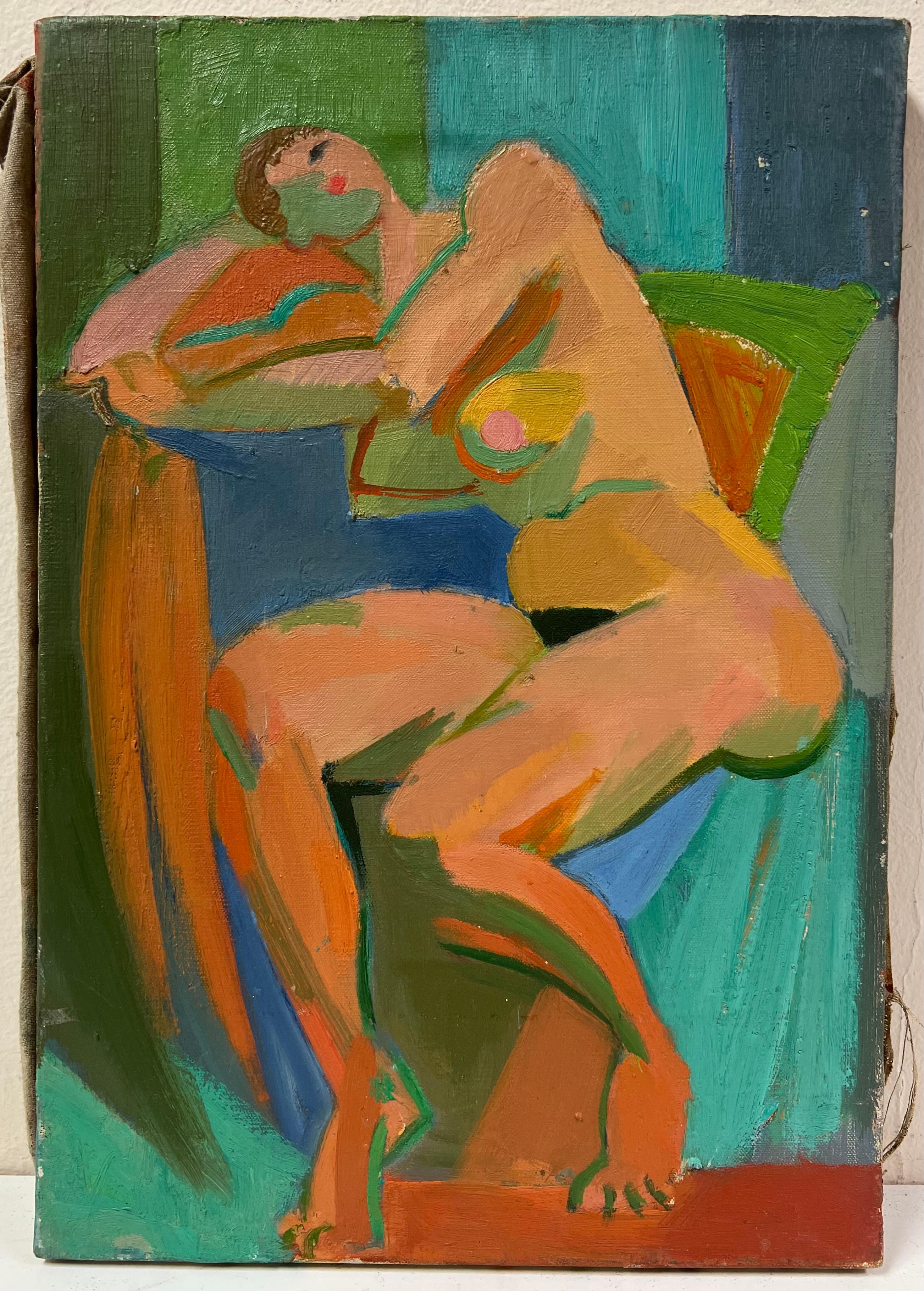 Mitte des 20. Jahrhunderts Französisch Malerei kubistischen abstrakten Akt in liegender Pose – Painting von Therese Hummel