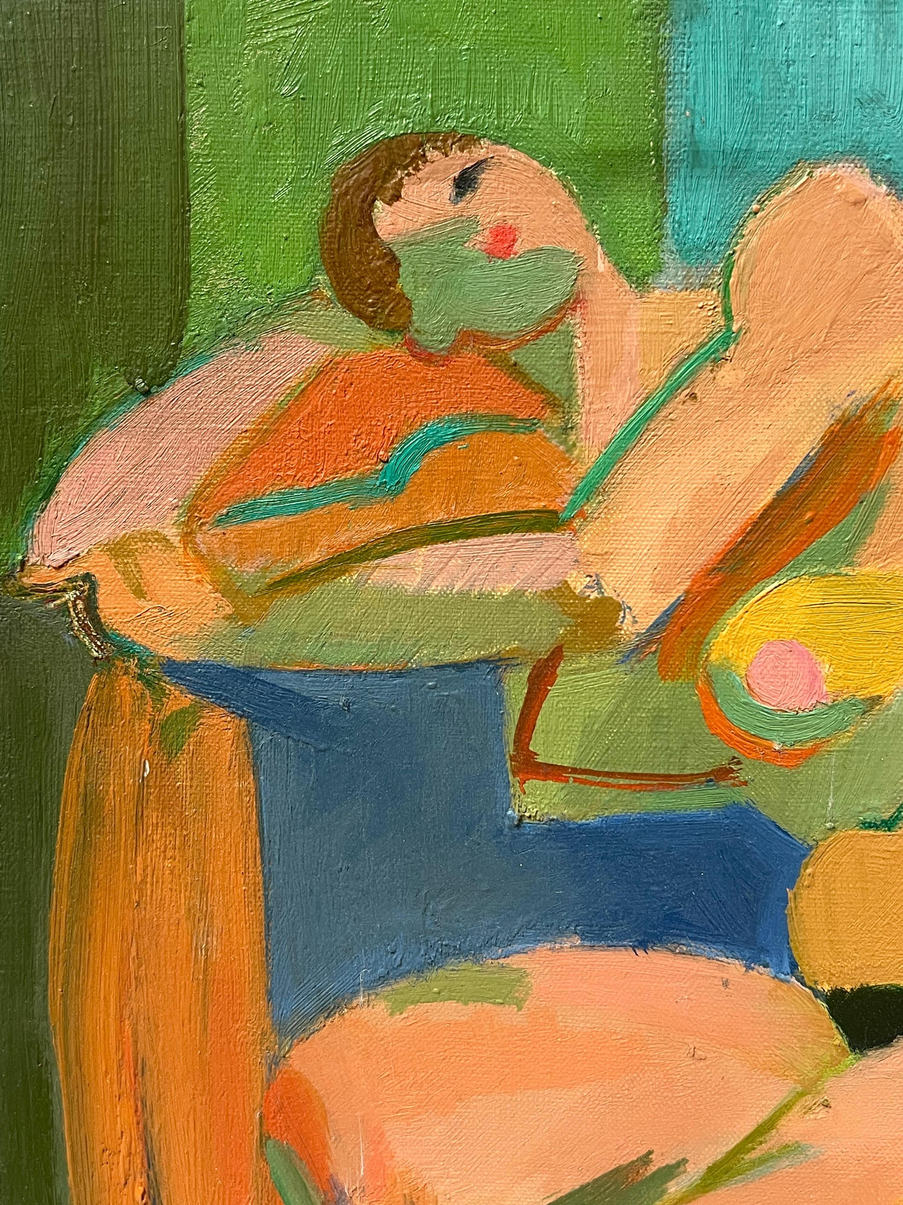 Mitte des 20. Jahrhunderts Französisch Malerei kubistischen abstrakten Akt in liegender Pose (Braun), Abstract Painting, von Therese Hummel