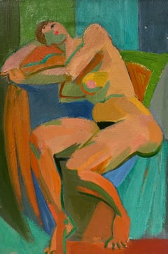 Peinture française du milieu du 20e siècle, nu abstrait cubiste en position allongée