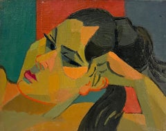 Mid 20th-Century French Painting Cubist Portrait of a Posed Reclining Woman