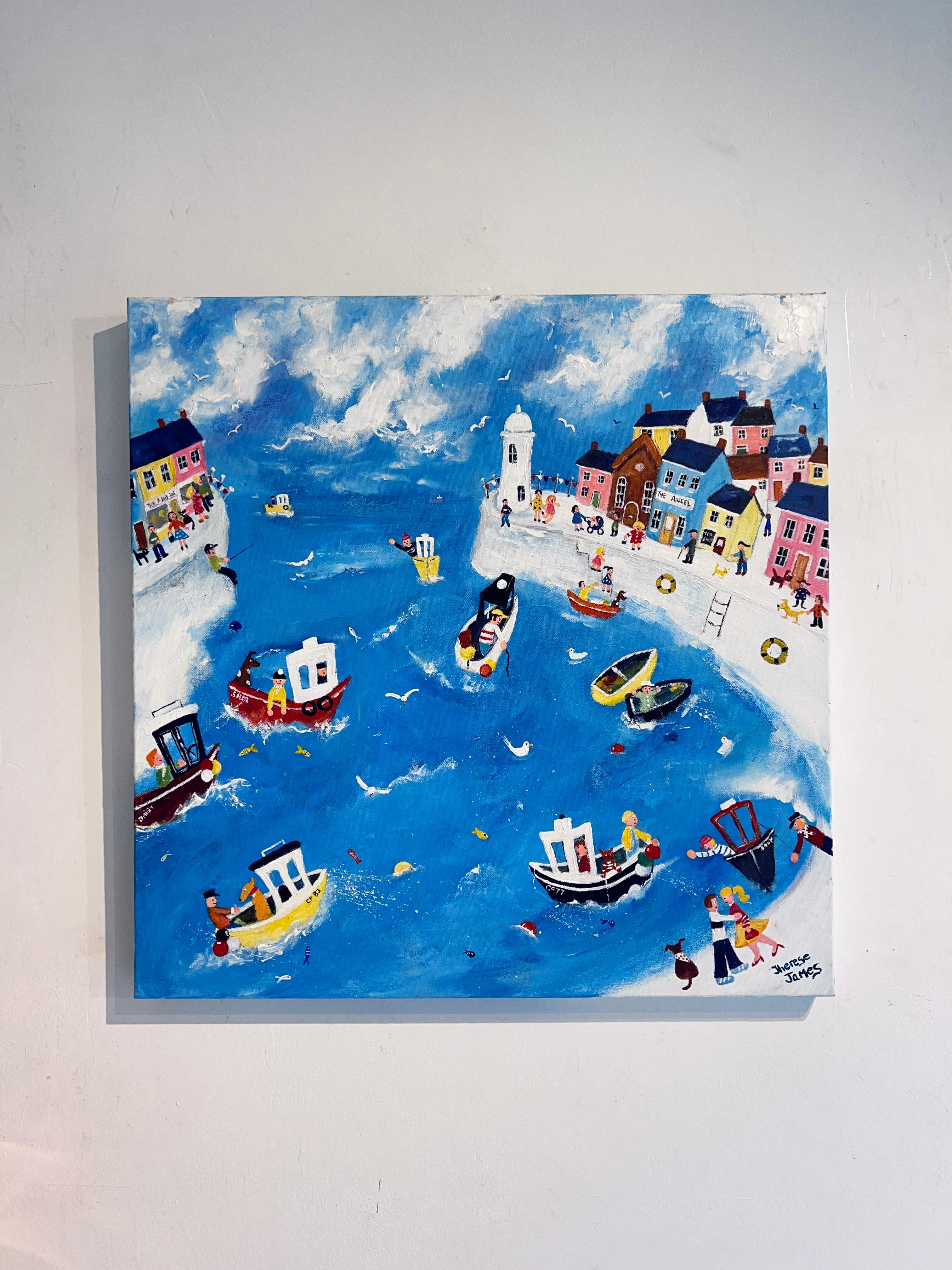 A Grand Day Out-original cityscape seascape-figurative painting-contemporary Art - Blue Landscape Painting by Therese James