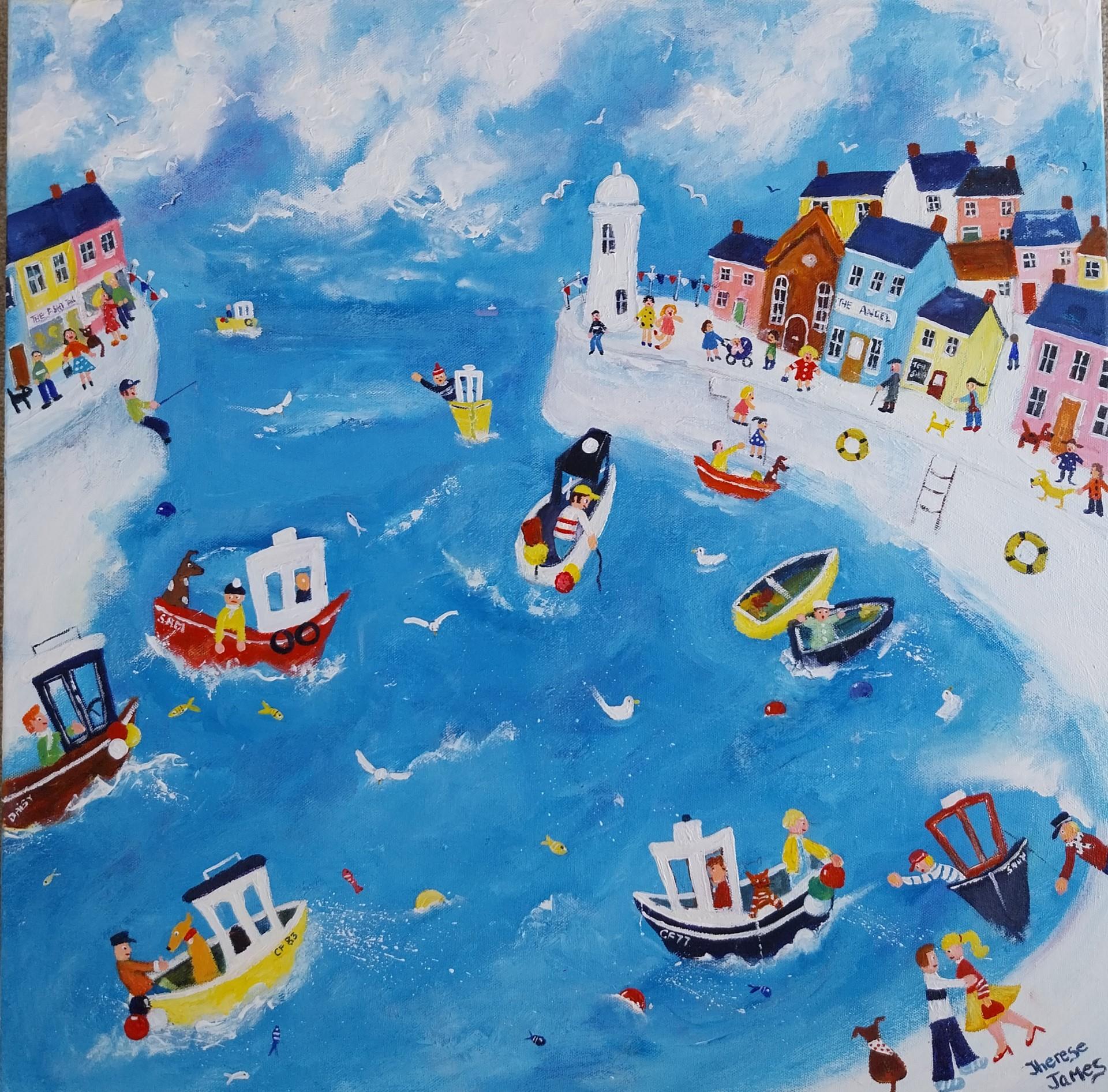 Therese James Landscape Painting - A Grand Day Out-original cityscape seascape-figurative painting-contemporary Art