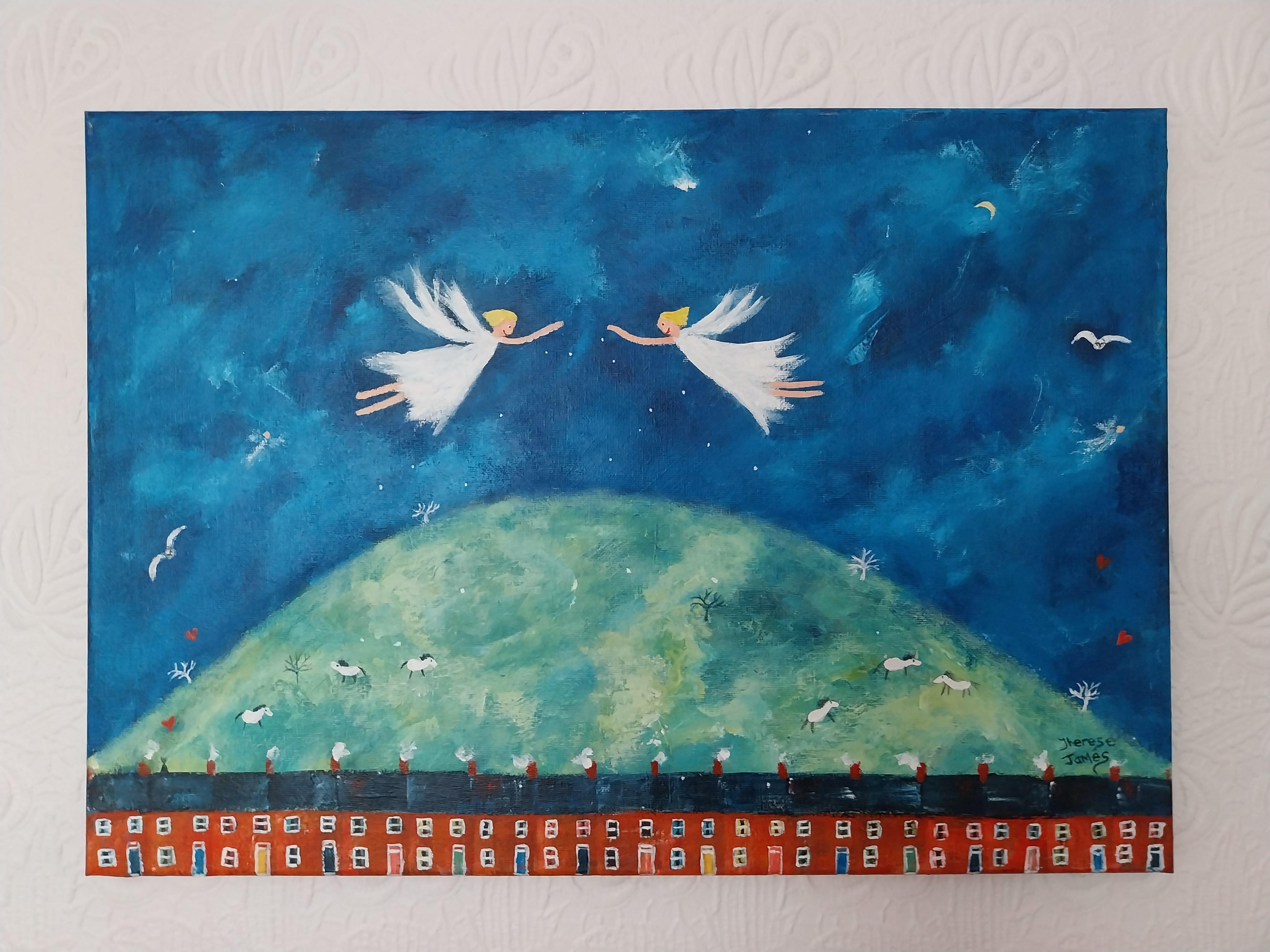 Angels Of Love And Hope.  Contemporary Naive School Figurative Painting For Sale 1