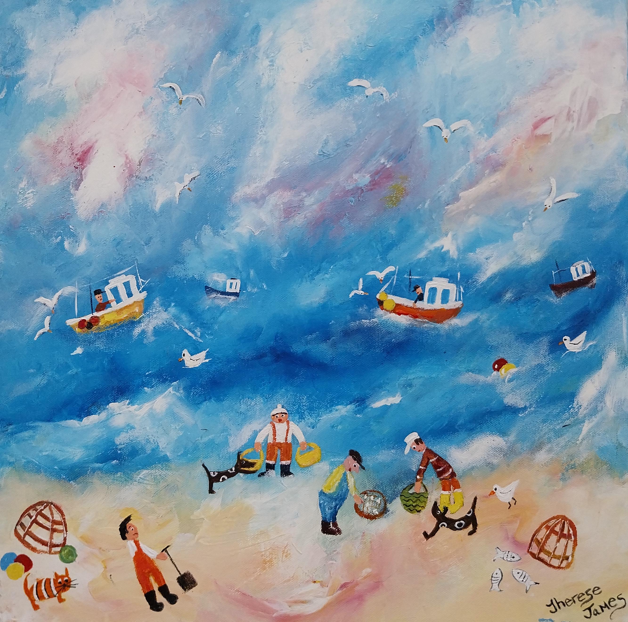 Therese James Figurative Painting - Catch Of The Day:  Contemporary Naive Art Painting