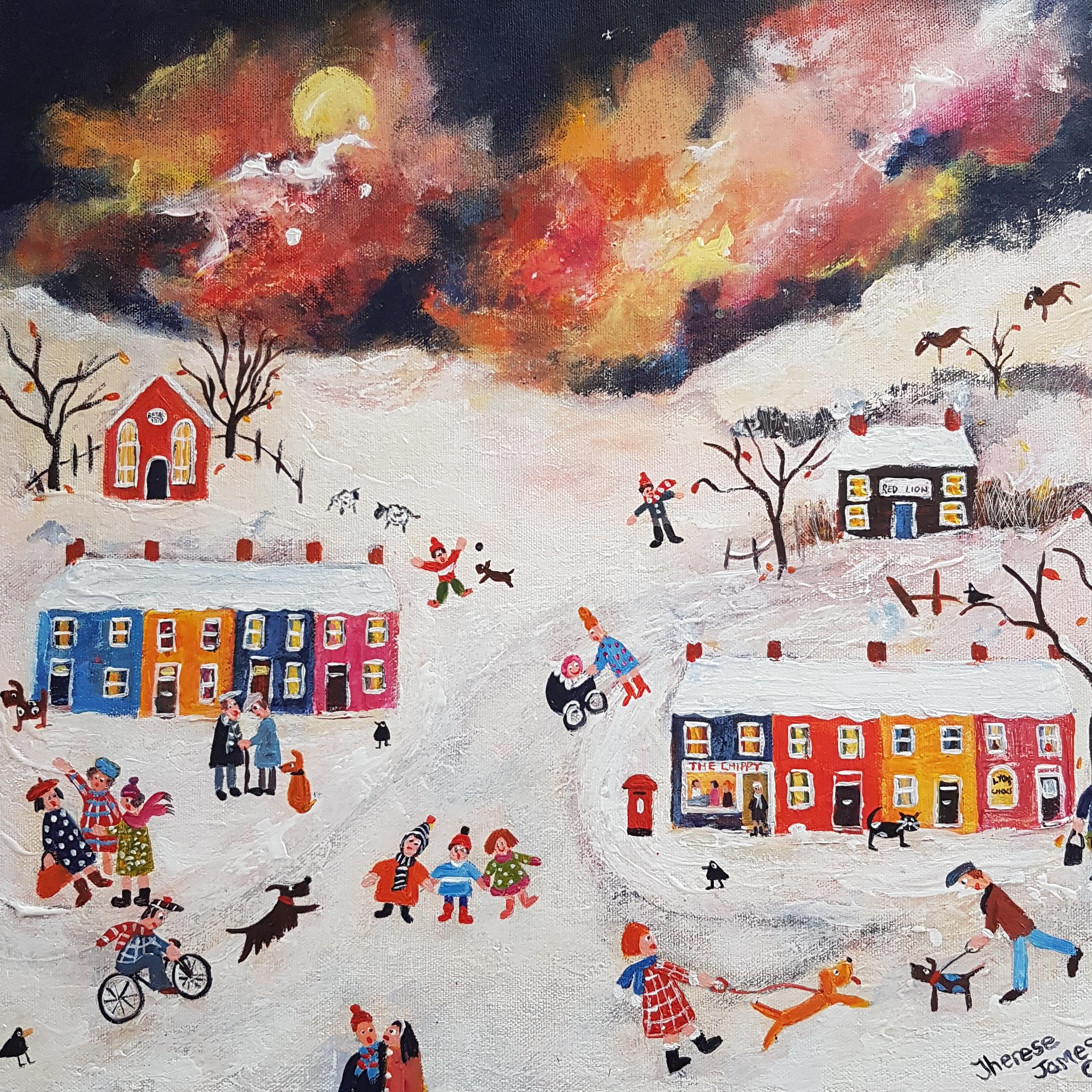Figurative Painting di Therese James - Un accogliente pomeriggio d'inverno