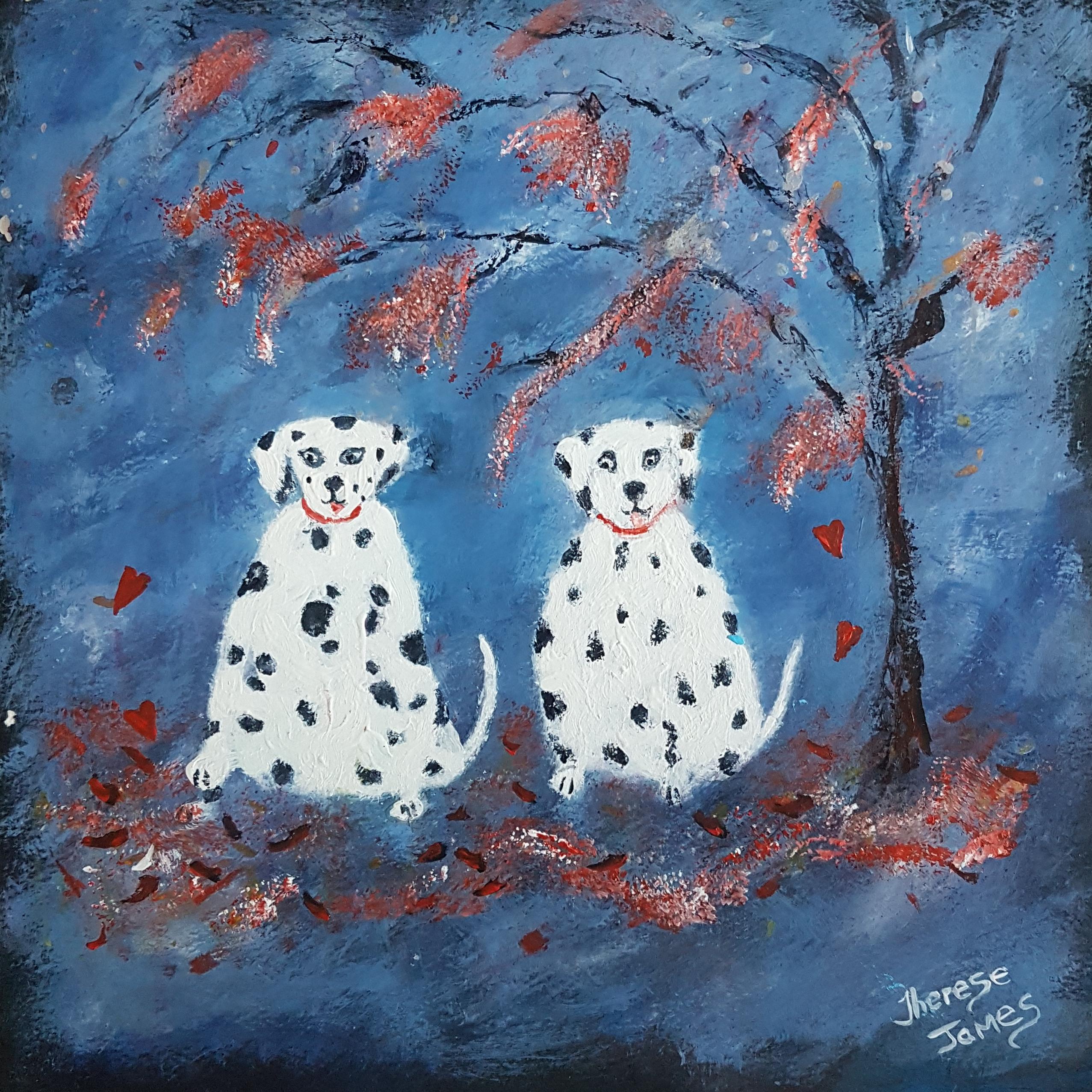 Therese James Animal Painting - "Dotty Dogs" Contemporary Mixed Media on Paper Painting