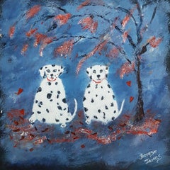 Peinture contemporaine en technique mixte sur papier "Dotty Dogs"