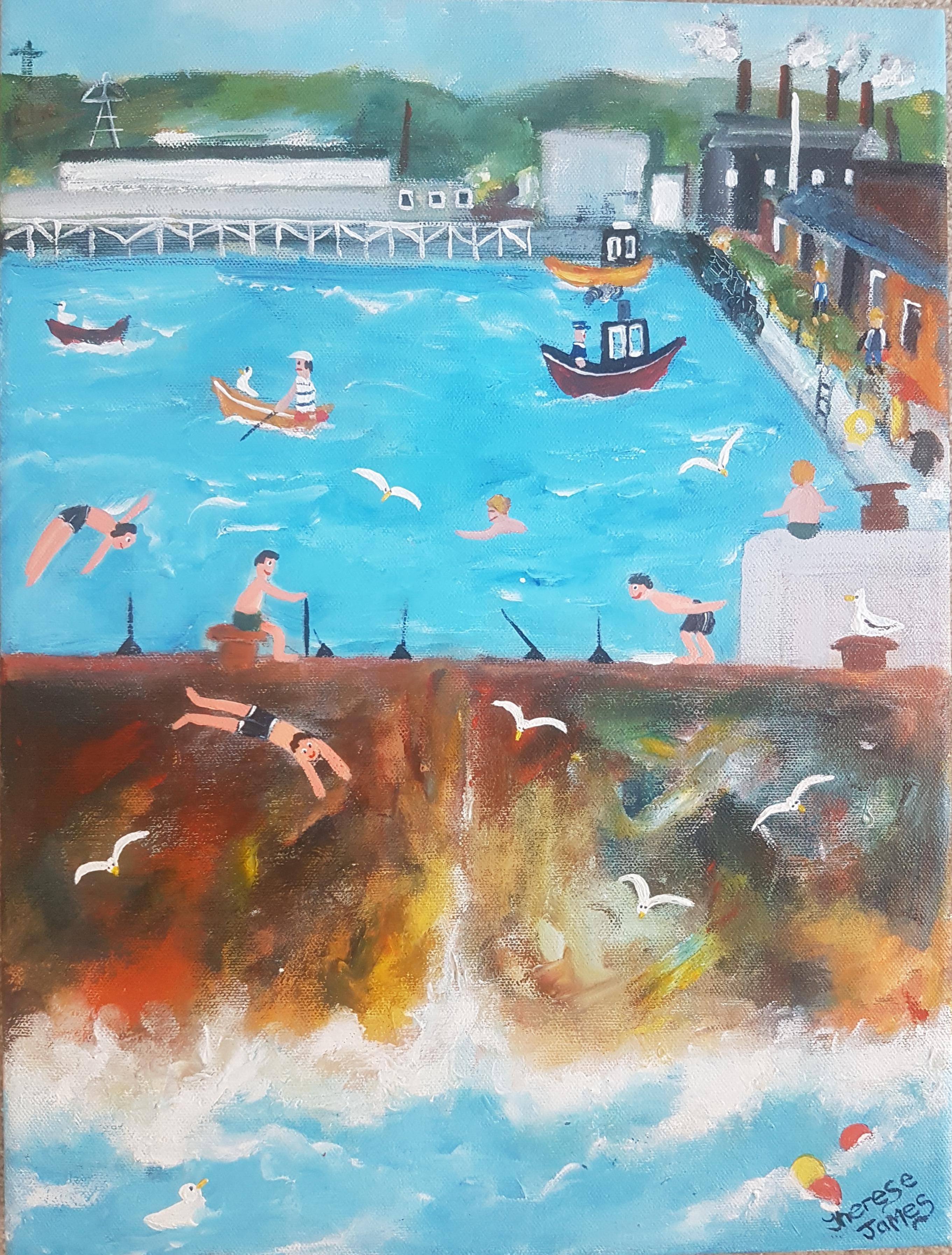 Ducking and Diving.  Naive School Painting