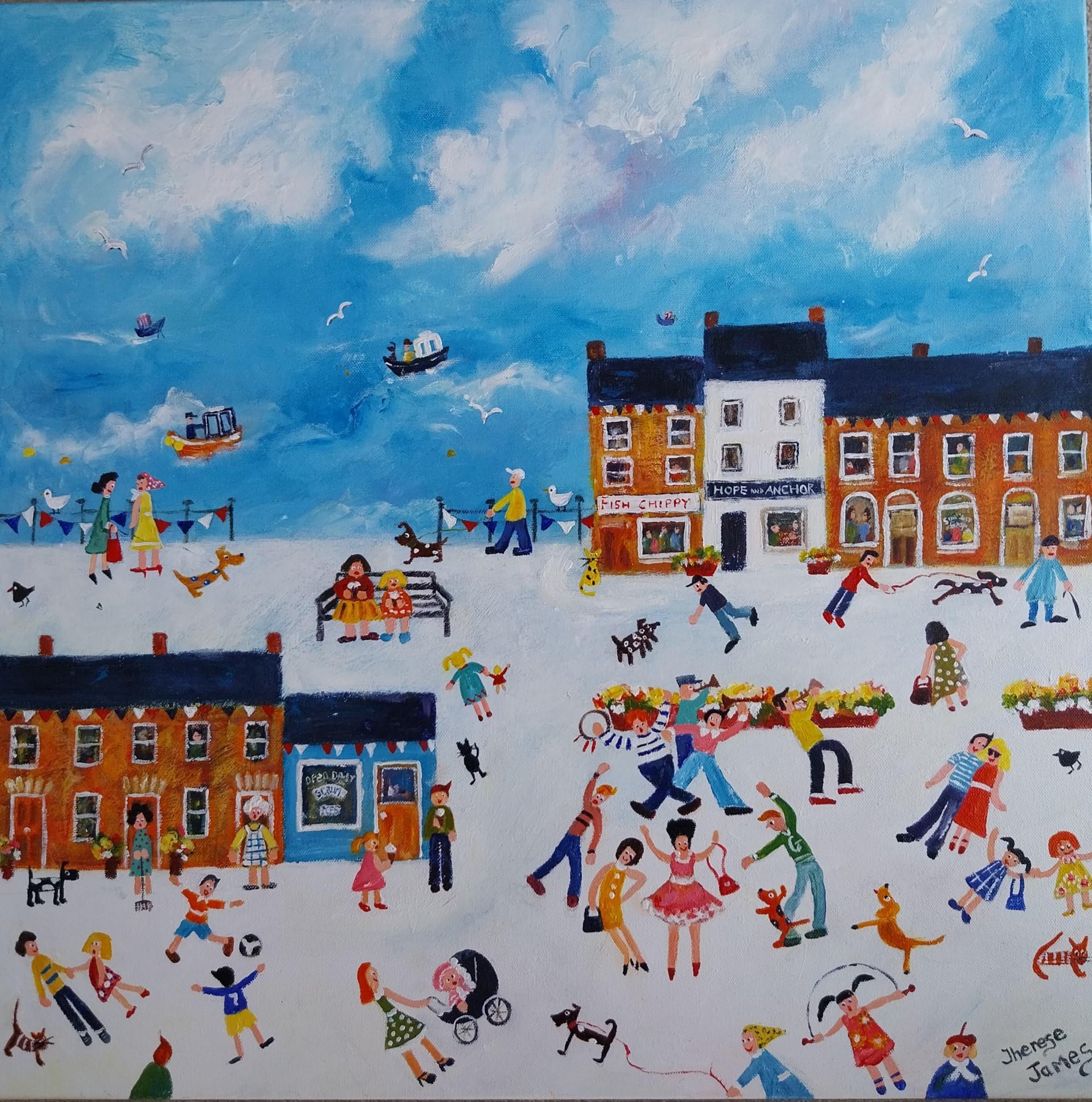 Fish, Chips & Jazz-original figurative city-landscape painting-contemporary Art - Painting by Therese James