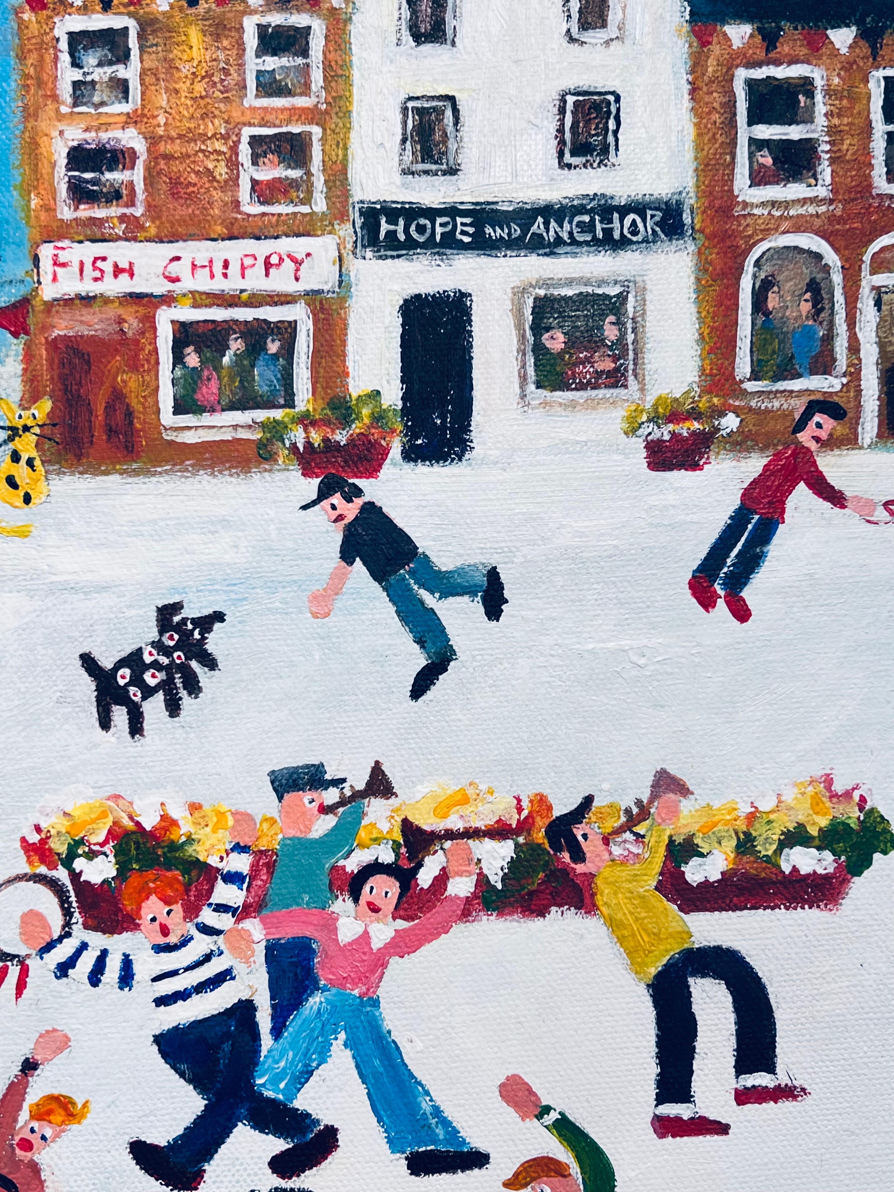 Fish, Chips & Jazz-original figurative landscape city painting-contemporary Art - Surrealist Painting by Therese James