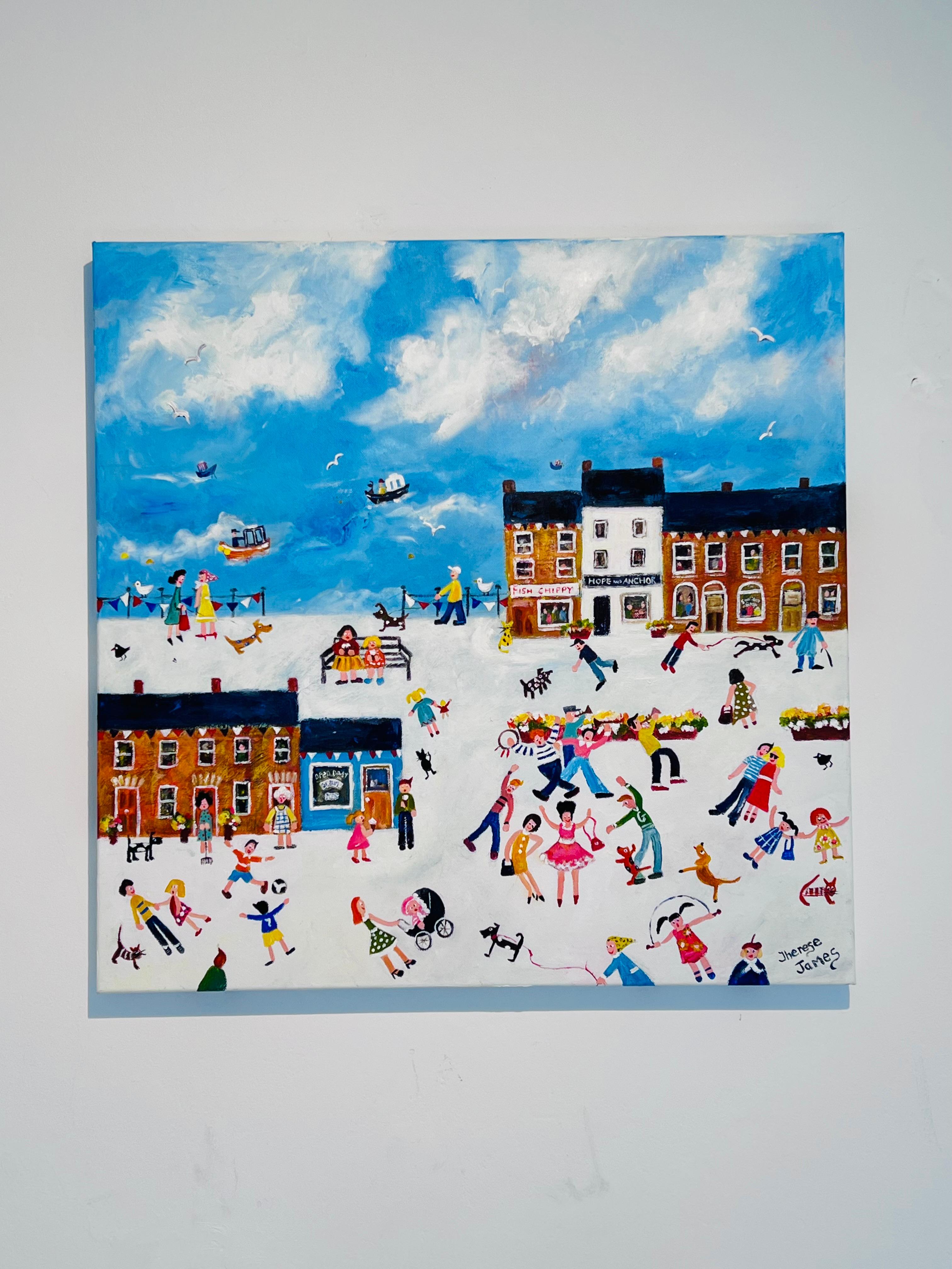 Fish, Chips & Jazz-original figurative landscape city painting-contemporary Art For Sale 1