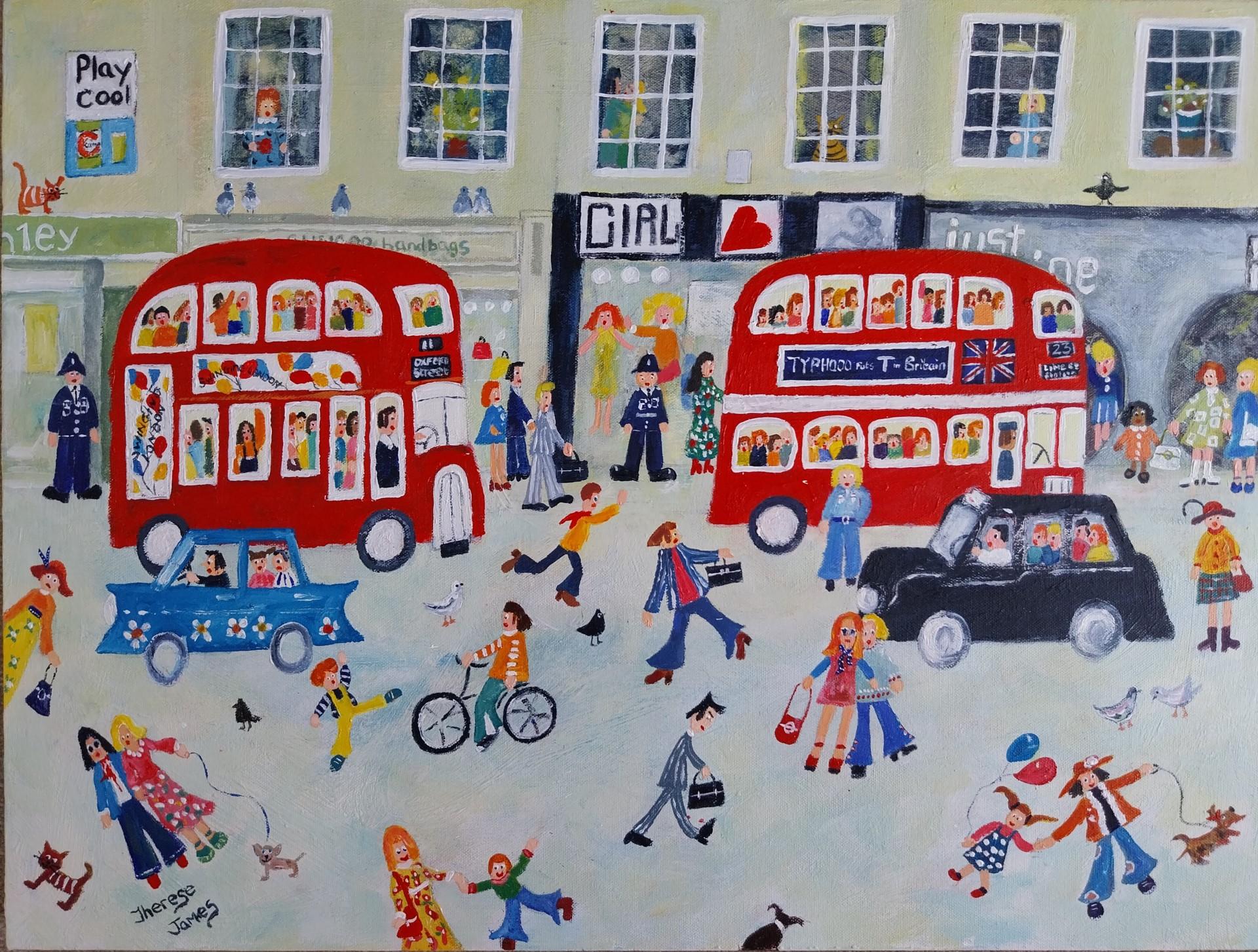 Happy Hippy Days - pittura figurativa originale di Londra con paesaggio urbano - Arte contemporanea
