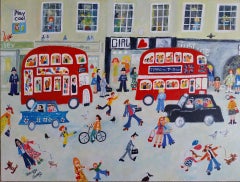 Happy Hippy Days - pittura figurativa originale di Londra con paesaggio urbano - Arte contemporanea