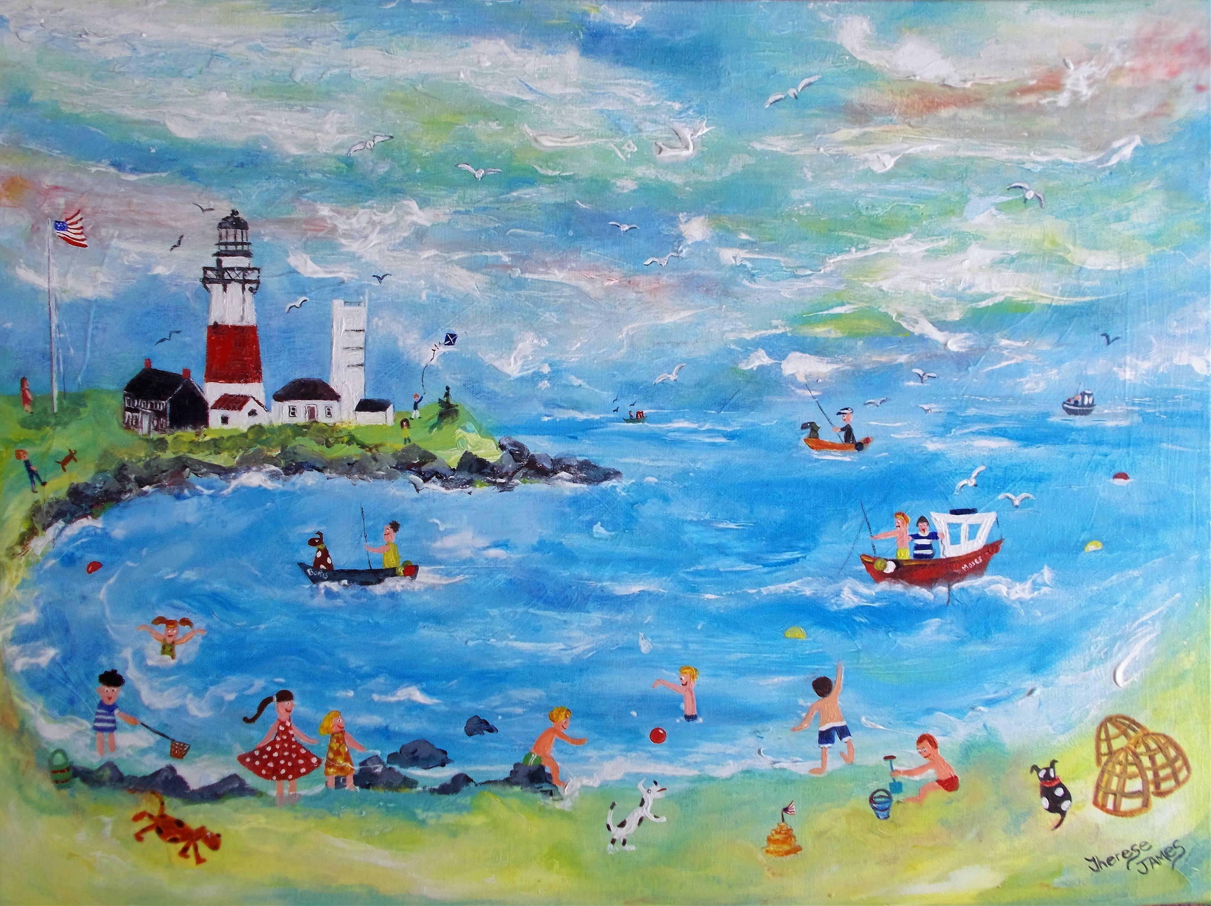 Therese James Figurative Painting - "Montauk Point Lighthouse" Contemporary British Naive School Painting