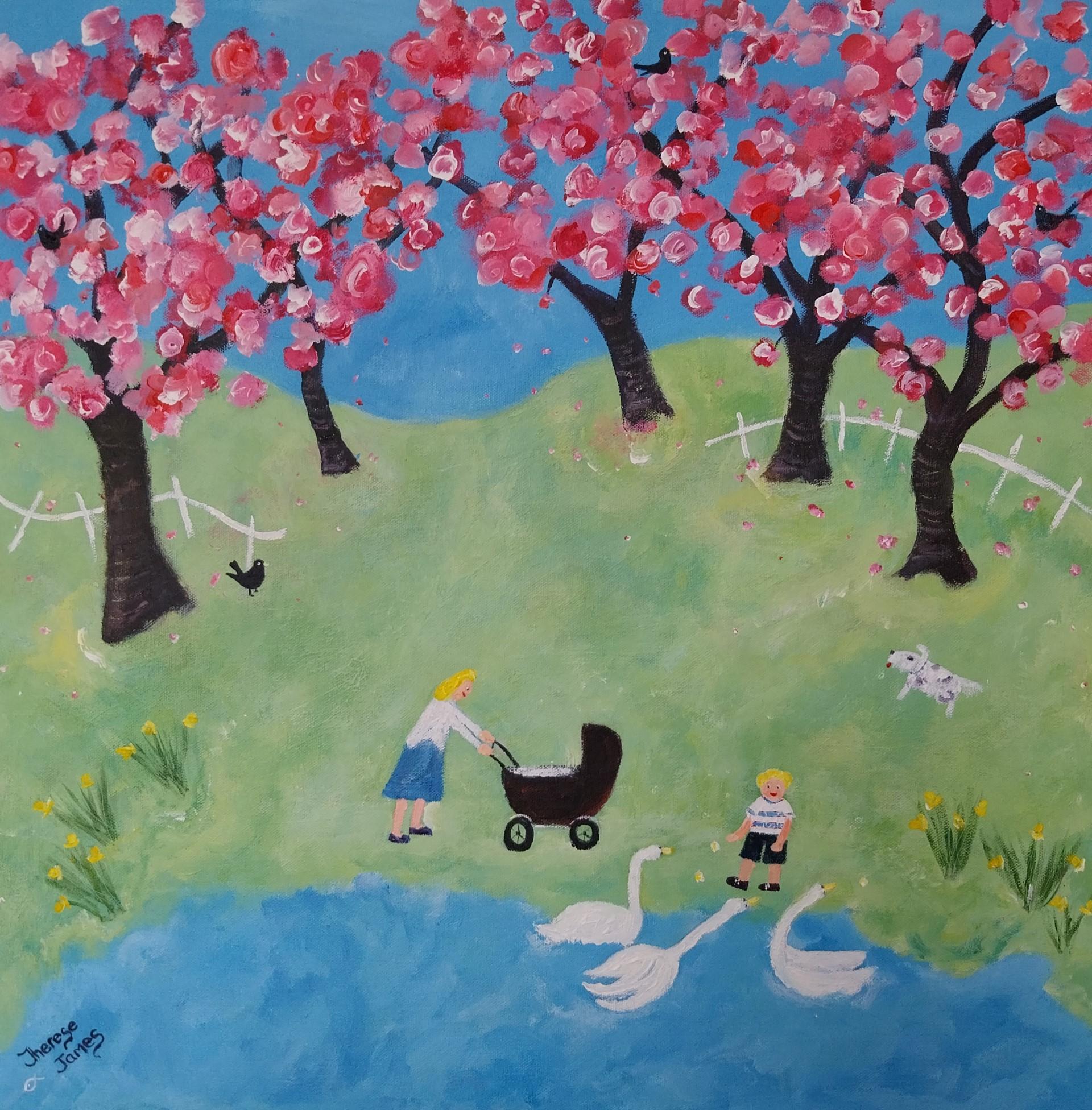Questa eccezionale opera d'arte è attualmente in mostra e in vendita presso la Signet Contemporary Art Gallery e online.

"Our Blossom Time" di Therese James invita gli spettatori in una scena serena e nostalgica del parco, dove l'aria si riempie