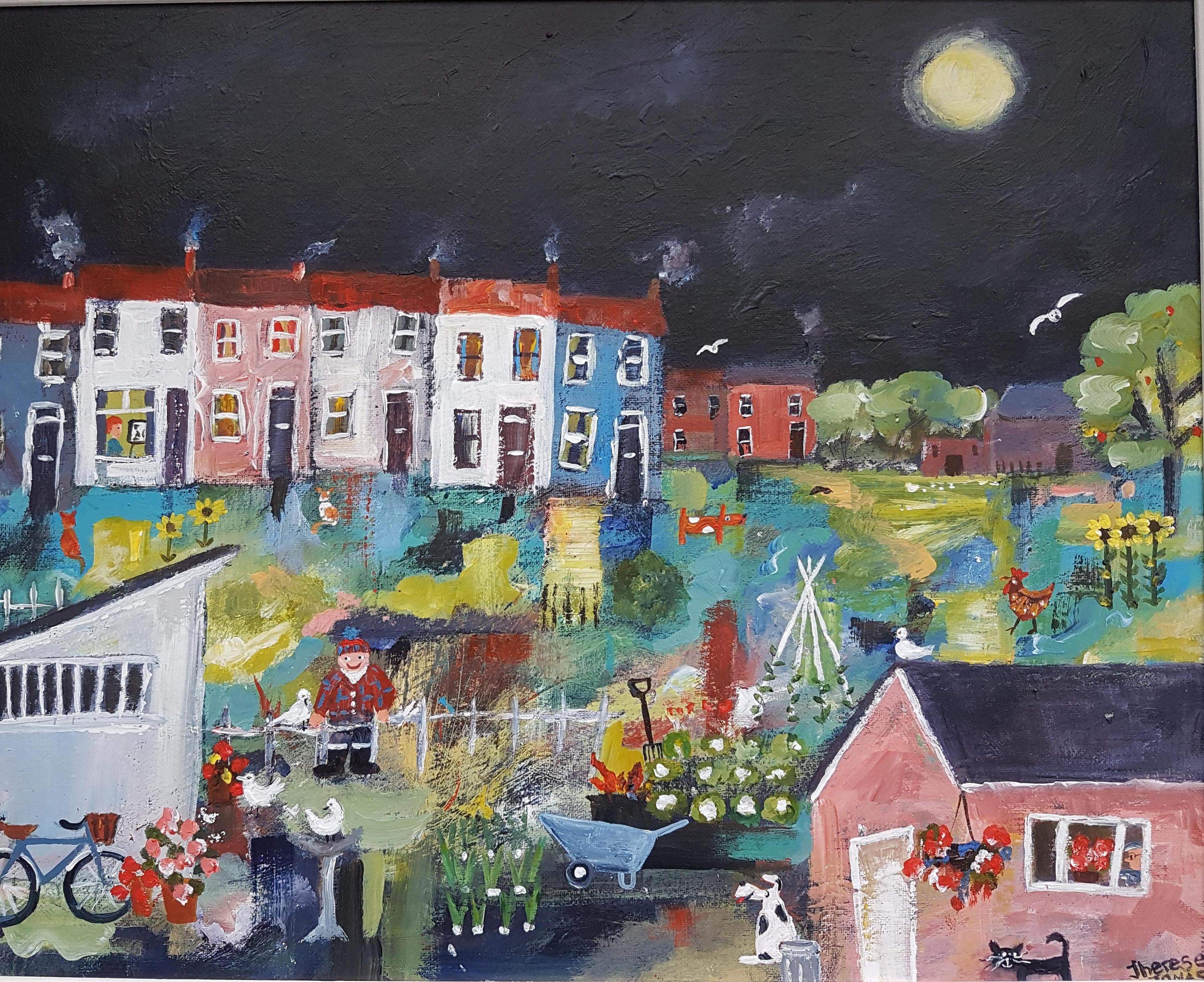 Therese James Figurative Painting - "Out With My Birds."  Contemporary Naive School Painting