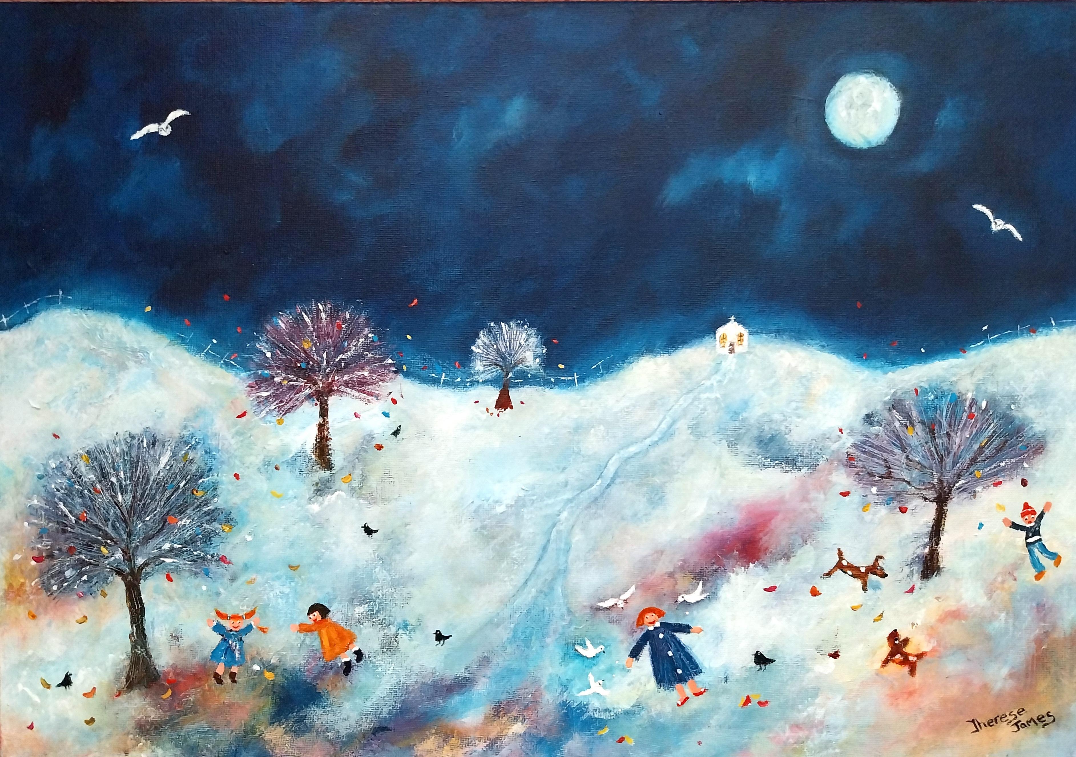 Full moon and full of fun. A joyous frolic throuugh the snow at the height of the moon which glints off the snow with a scintillating light. You would be hard pressed to find more fun in any painting and it’s just one of the reasons why Therese