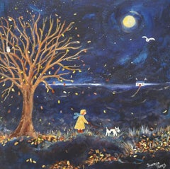 «Momento perfecto», cuadro figurativo de acrílico de 50 x 50, firmado, estilo ingenuo