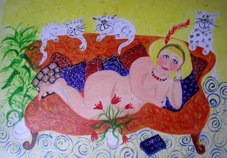 " Say Chocolate" 'part of a series of 'Calendar Ladies'. A departure from the works we generally associate with Therese. Great " Wall Candy" from this very talented Welsh artist.

Perfect condition Mainly acrylic with some gold paint and