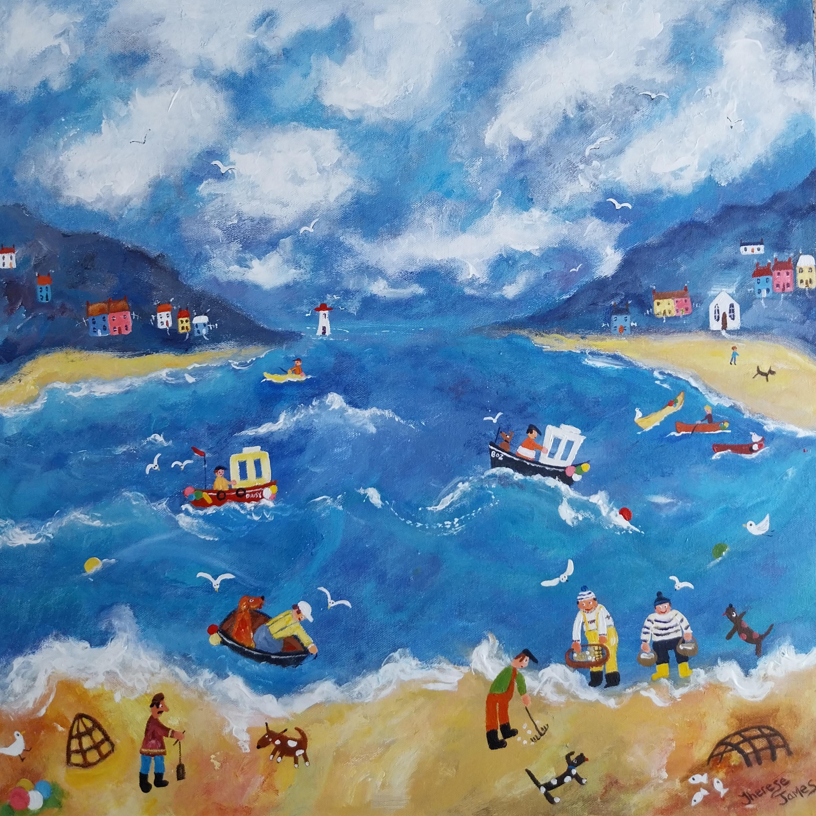 Sea Shanty-original seascape-figurative cityscape painting-contemporary Art - Painting by Therese James