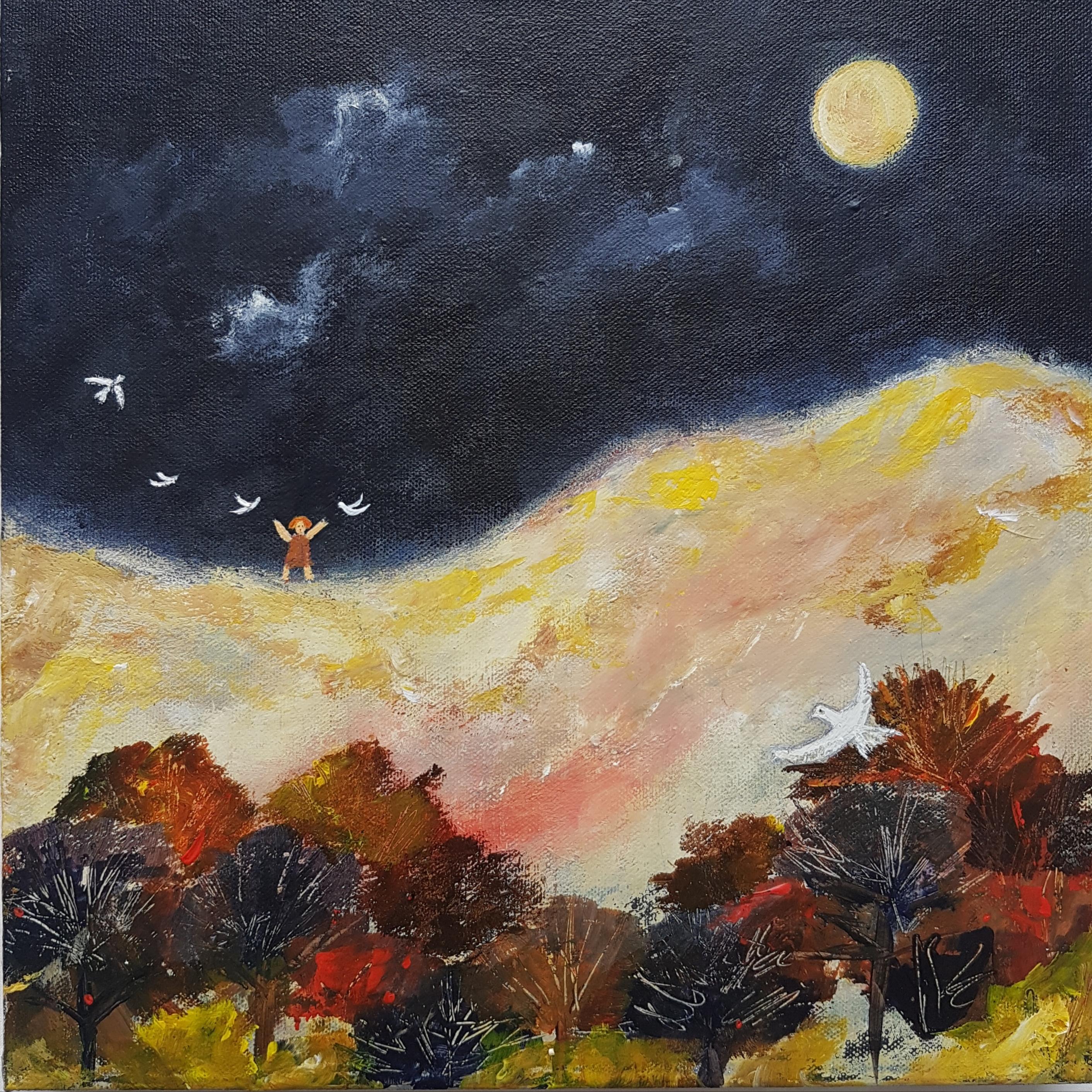 Therese James Figurative Painting - Setting the Spirits Free. Acrylic on canvas, Naive painting
