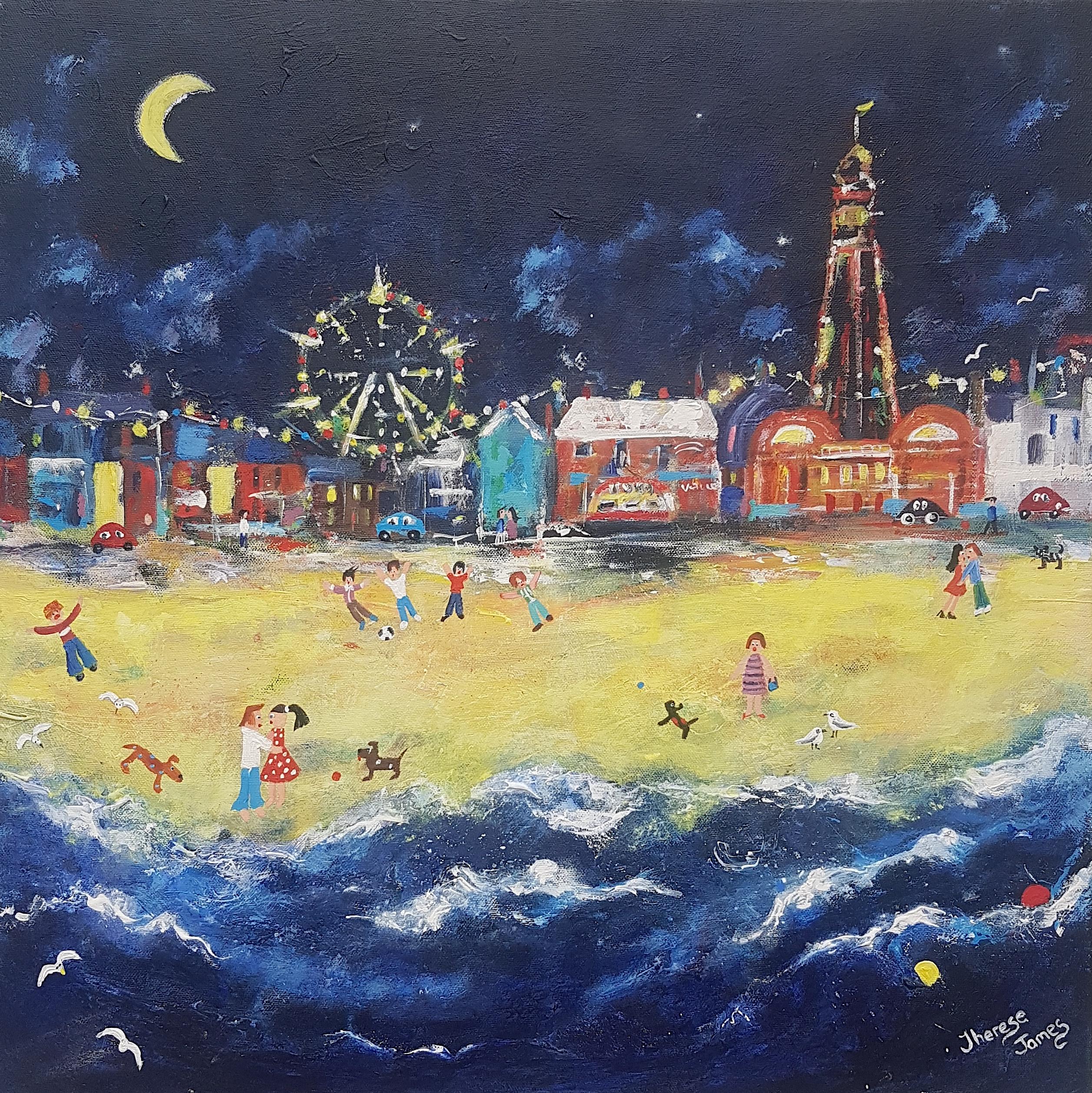 Therese James Figurative Painting - Starry Night. Contemporary Naive School Painting