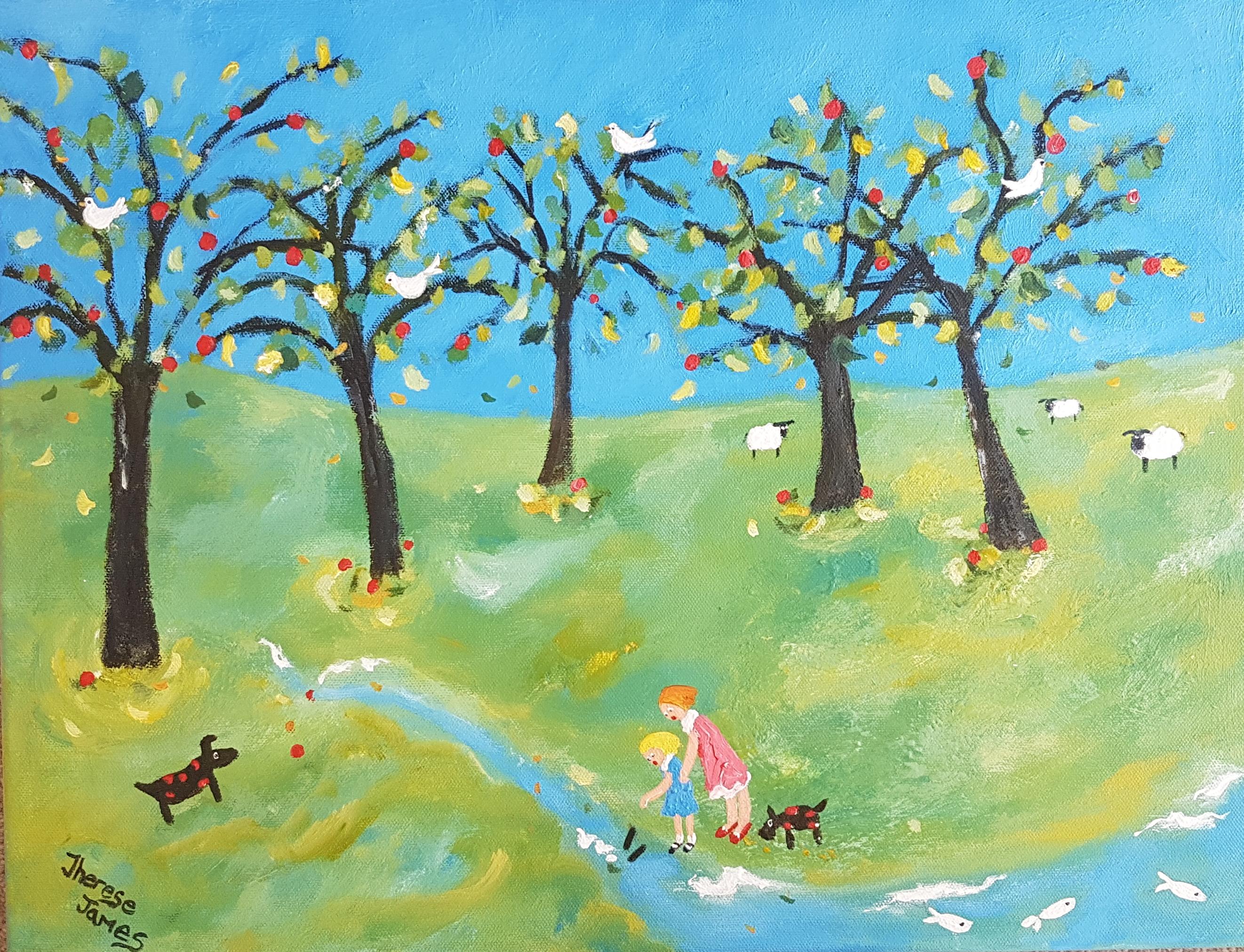 Figurative Painting de Therese James - "El día que recogimos manzanas" Pintura figurativa contemporánea