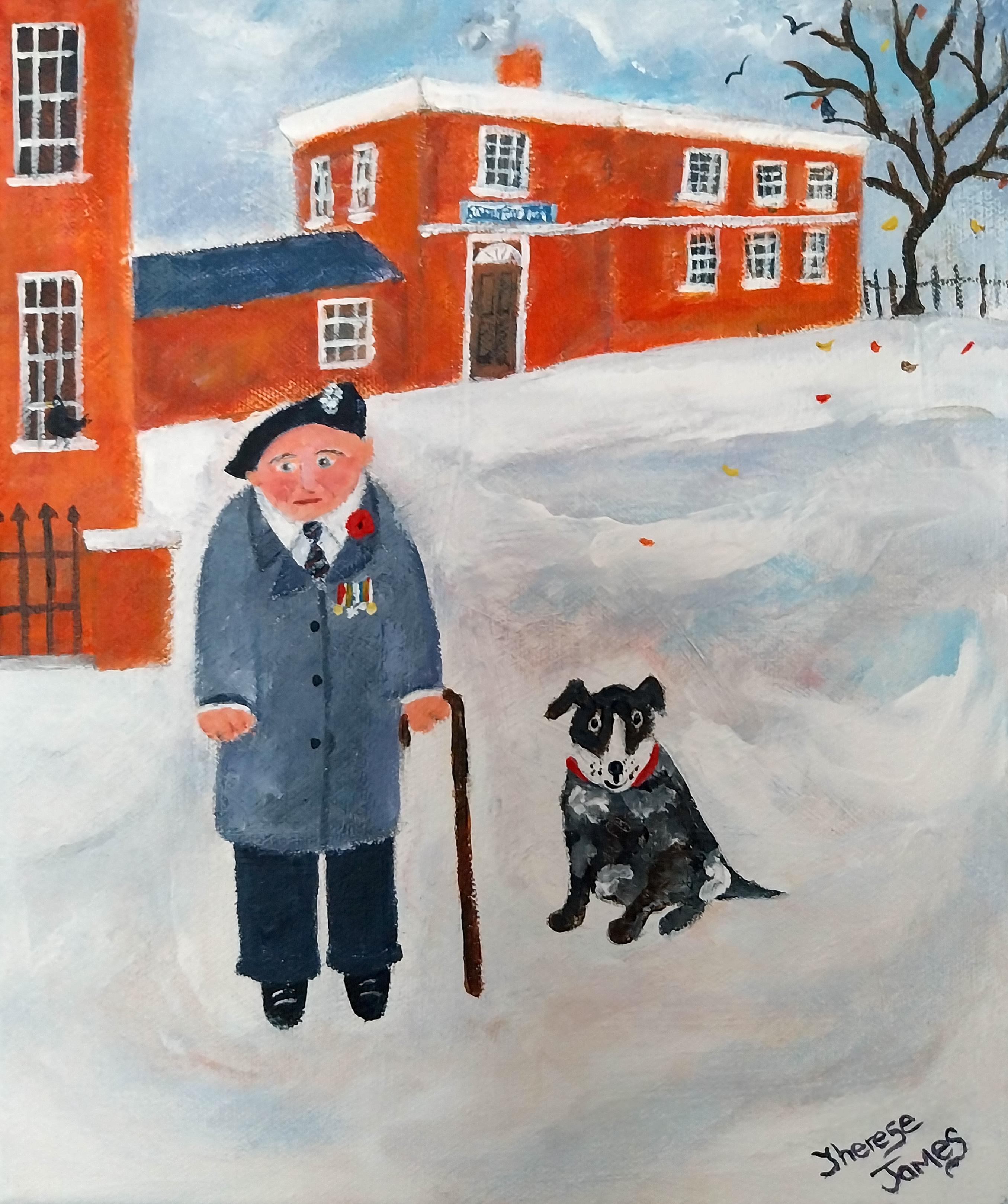 Therese James Landscape Painting – Der Veteran und sein Kumpel. Zeitgenössisches figuratives Gemälde