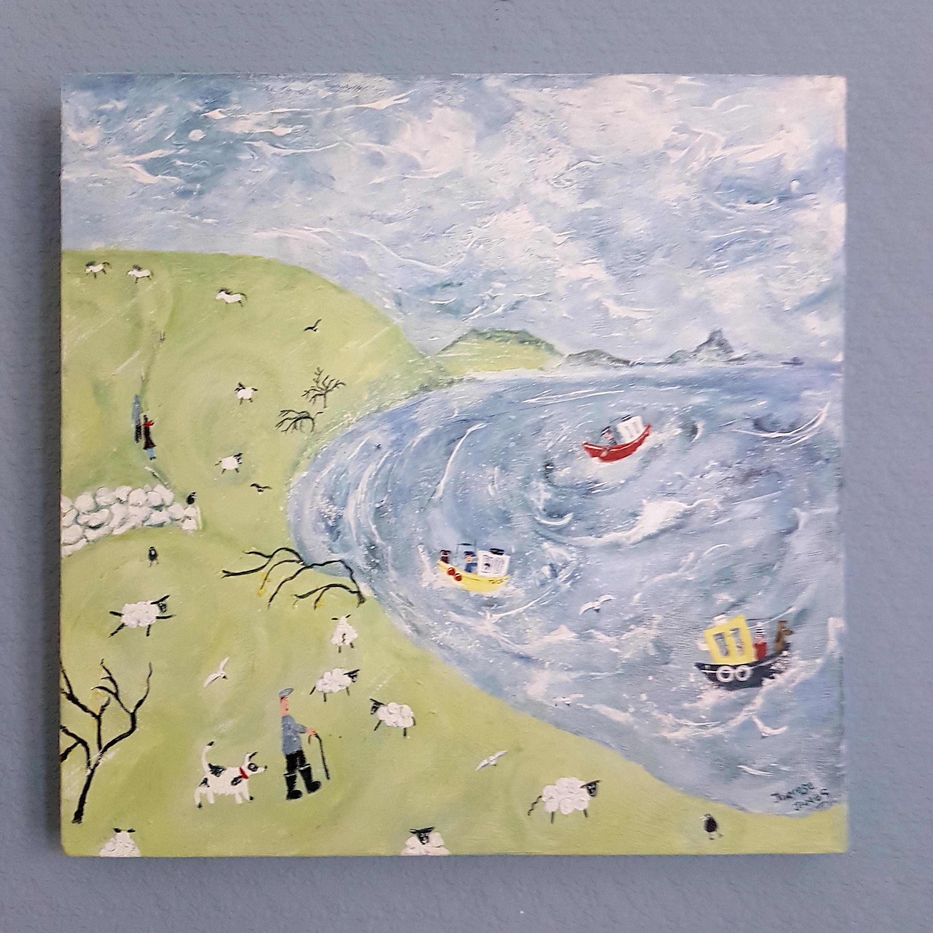 Peinture de paysage contemporaine de moutons et de bateaux mouchés à vent - Painting de Therese James