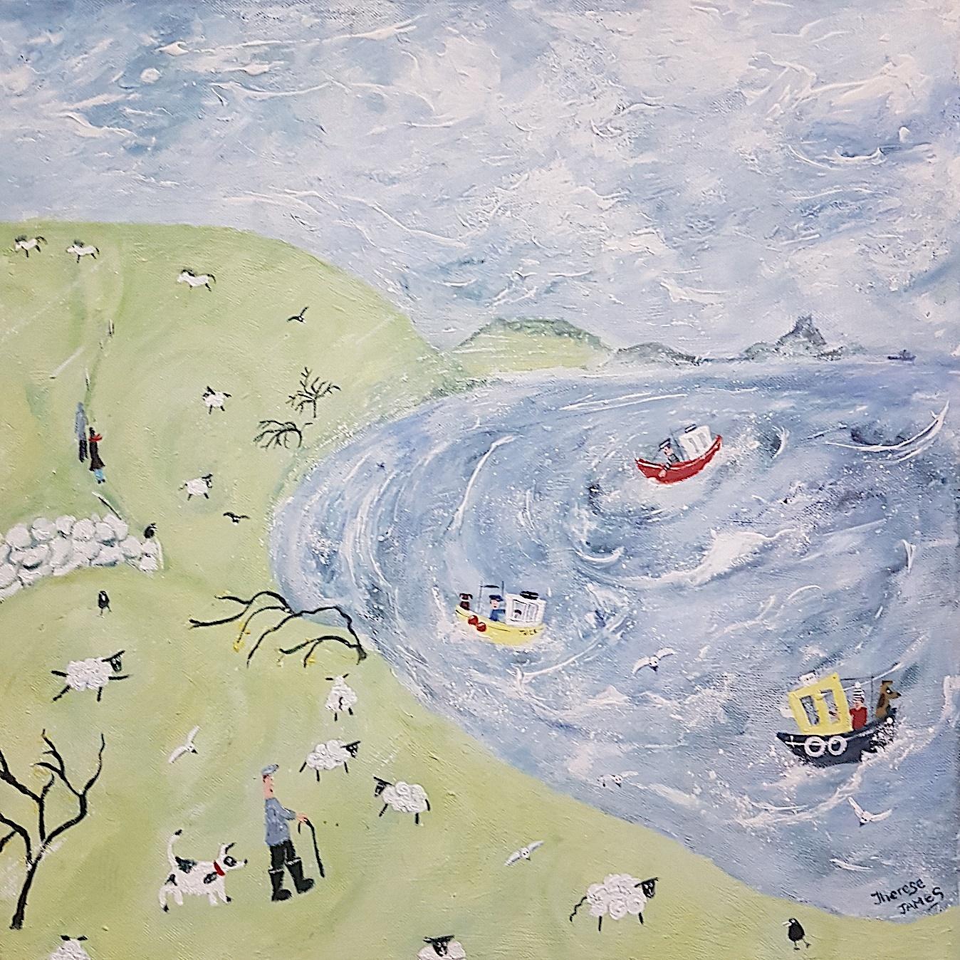 Landscape Painting Therese James - Peinture de paysage contemporaine de moutons et de bateaux mouchés à vent