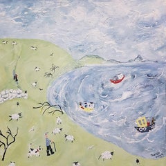 Windy Sheep and Blowy Boats, Contemporary Landscape Painting