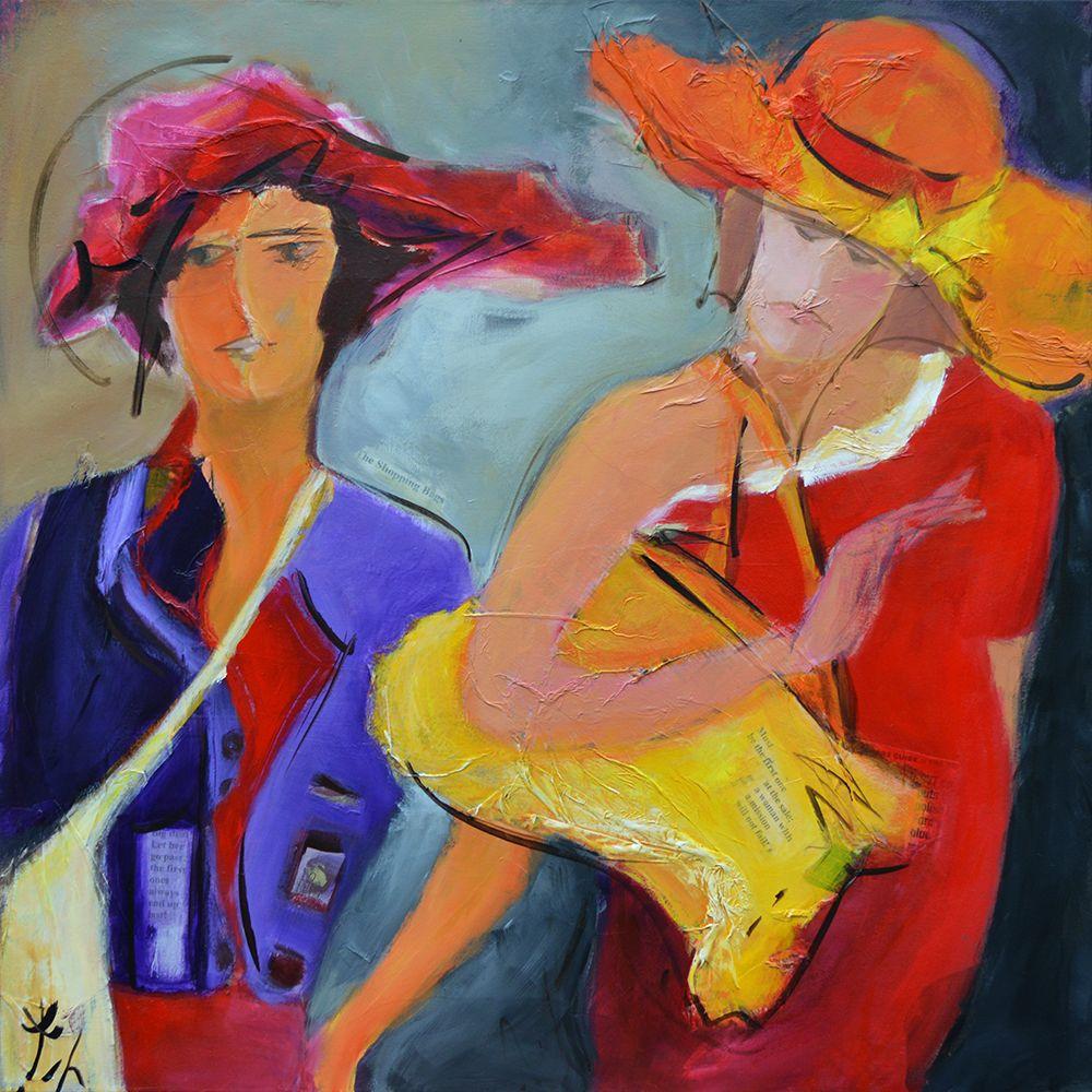 The Shopping Bags, two ladies in competition to get the best deal, to grab before the store sells out. Acrylic paint and newspaper collage. Embedded is a short poem of what is on the mind of the two shoppers. Shopper in the orange hat: "Must be the