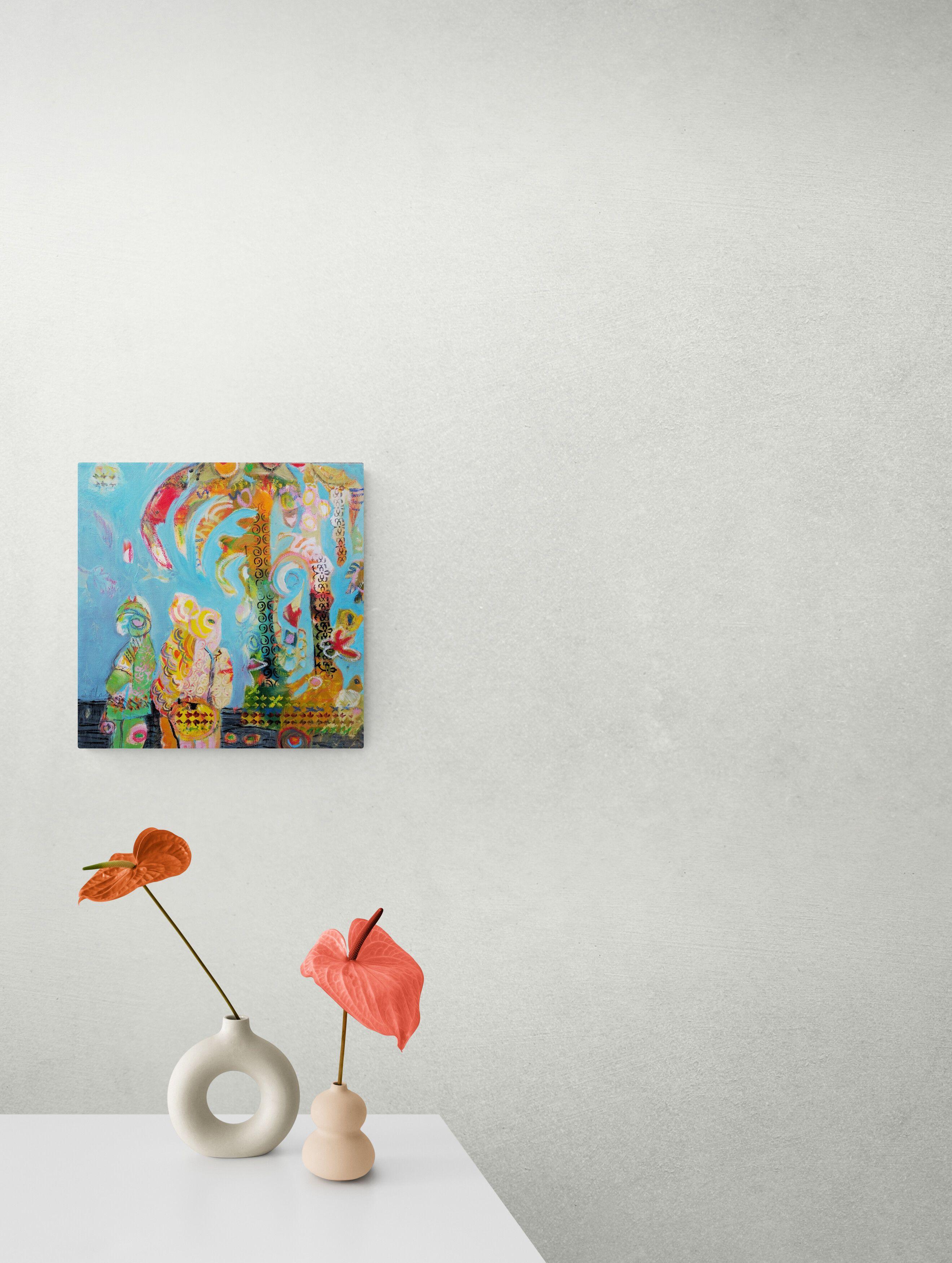 Este pequeño tesoro siempre muestra un cielo azul para darte placer, relajación y calma. Creado durante el aislamiento de Covid.   La pintura acrílica se aplicó con plantillas, sellos y pinceles.  :: Pintura :: Expresionismo :: Esta pieza viene con