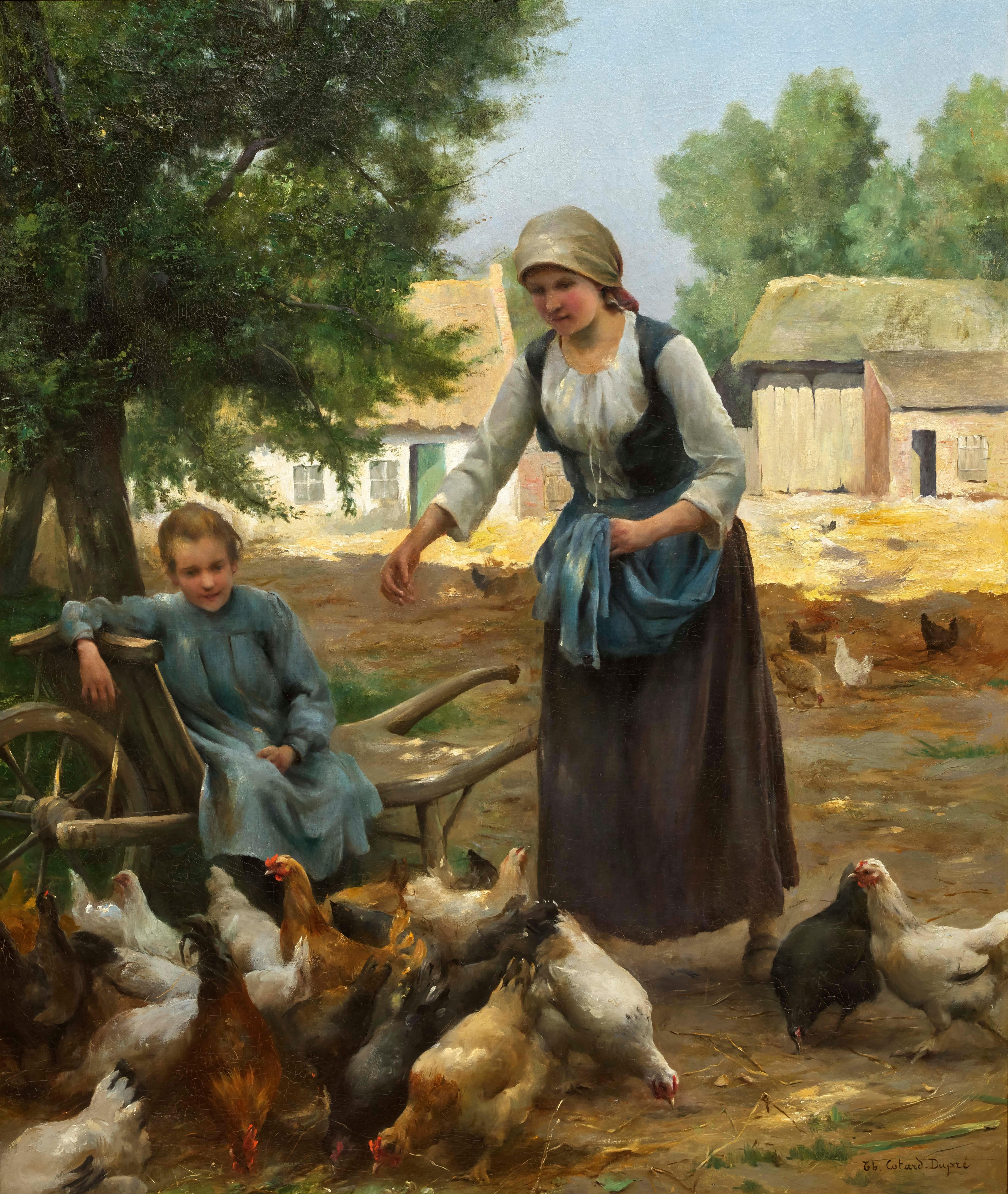 Feeding the Chickens - Painting by Therese Marthe Françoise Cotard-Dupre