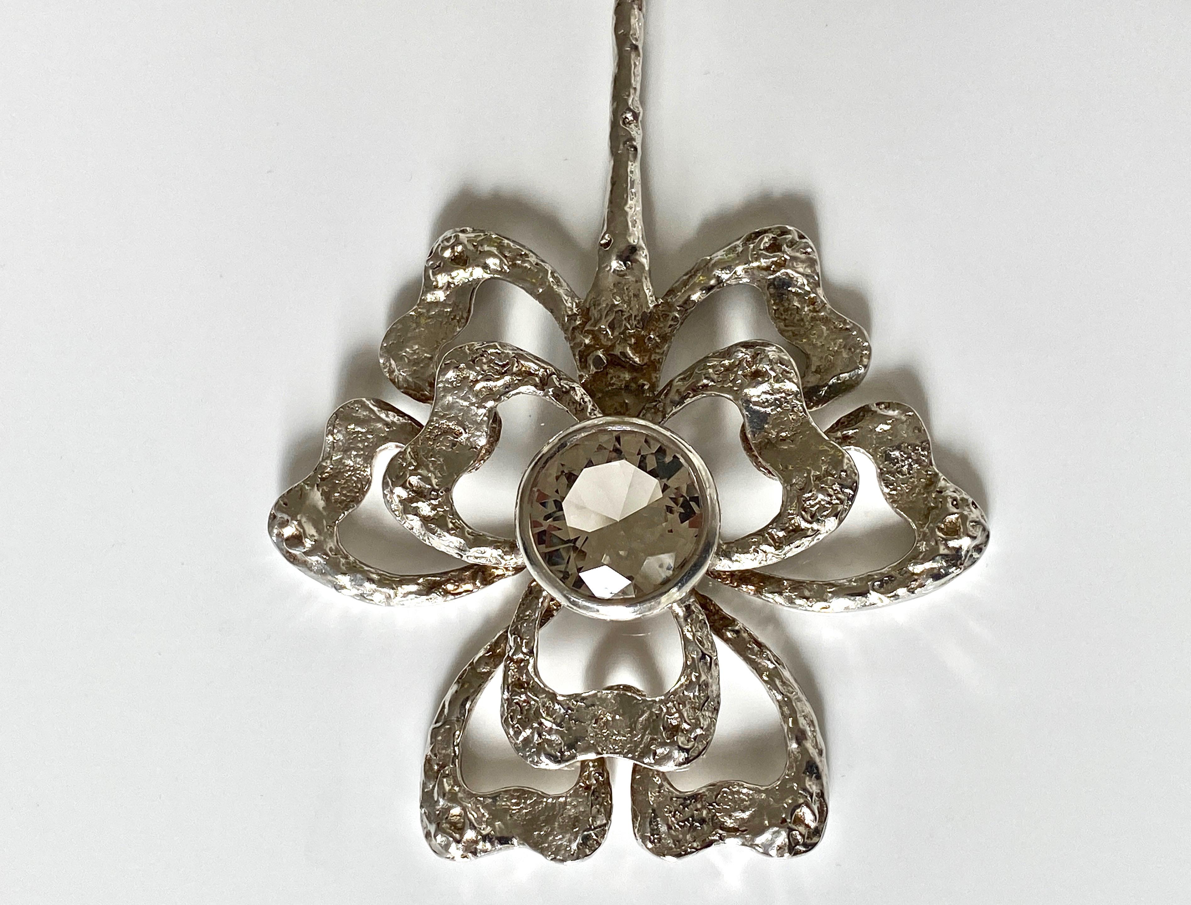 Large Rare sterling silver & rock crystal flower neckring & pendant designed by Theresia Hvorslev Sweden c.1970