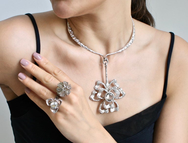 Modernist Theresia Hvorslev Sterling Silver & Rock Crystal Flower Collar For Sale