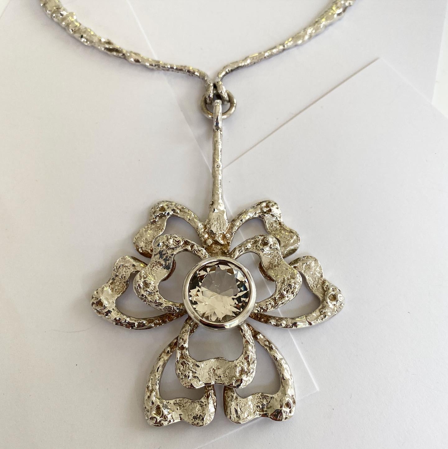 Modernist Theresia Hvorslev Sterling Silver & Rock Crystal Flower Collar For Sale