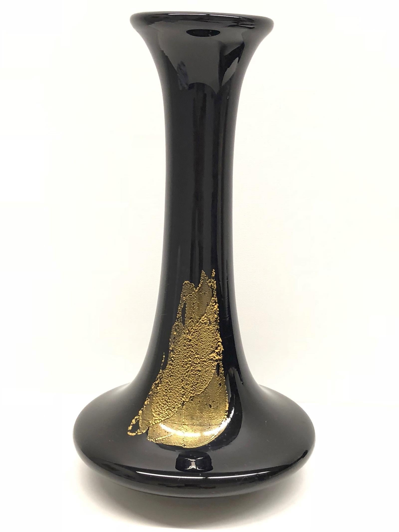 German Theresienthal black and gold flake pair of Art Glass Vases, 1970s, Midcentury For Sale