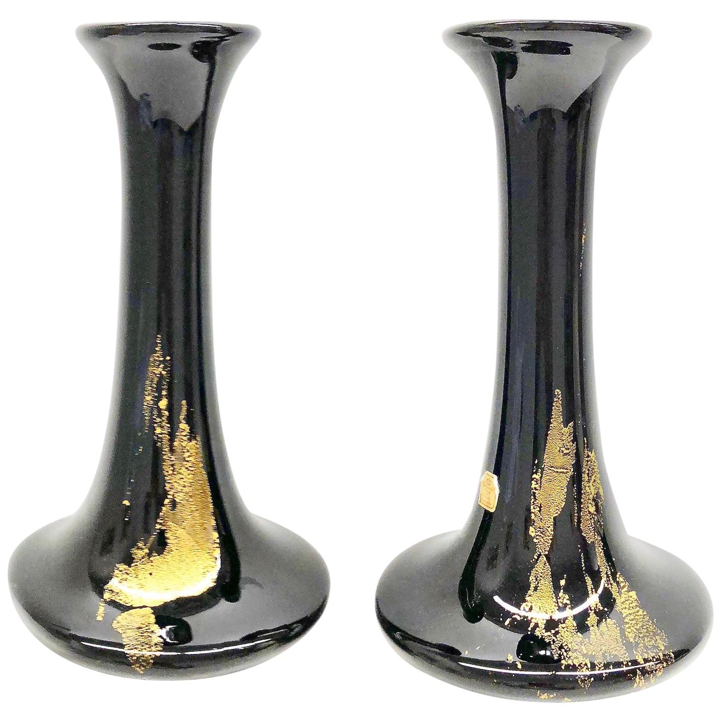 Theresienthal black and gold flake pair of Art Glass Vases, 1970s, Midcentury For Sale