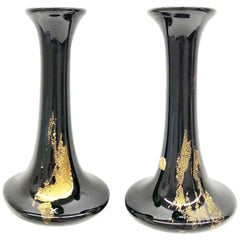 Theresienthal black and gold flake pair of Art Glass Vases, 1970s, Midcentury