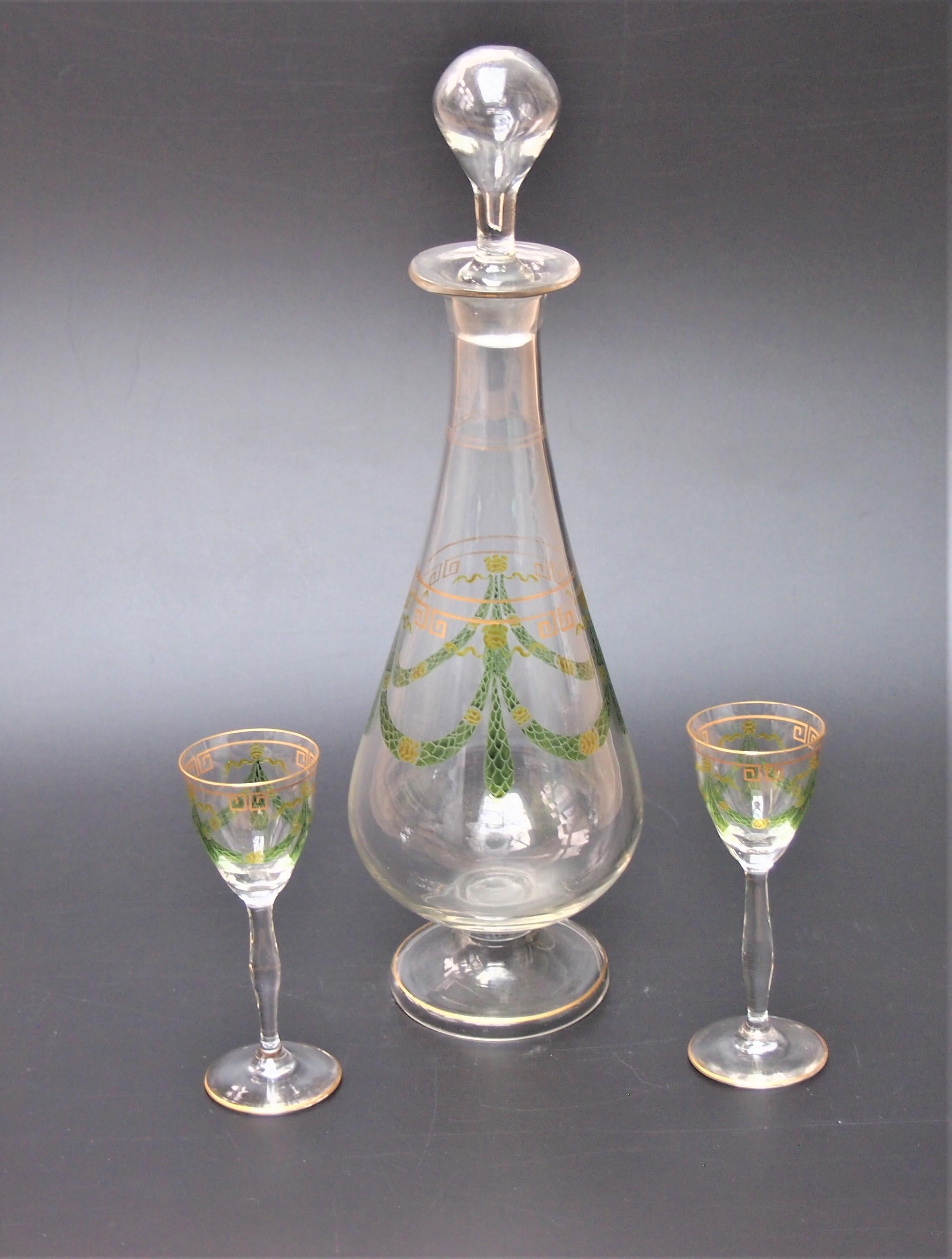 Theresienthal enamel decanter and two liqueur glasses c1907 For Sale 4