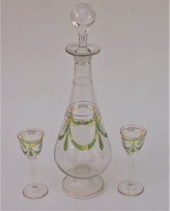 Theresienthal enamel decanter and two liqueur glasses c1907