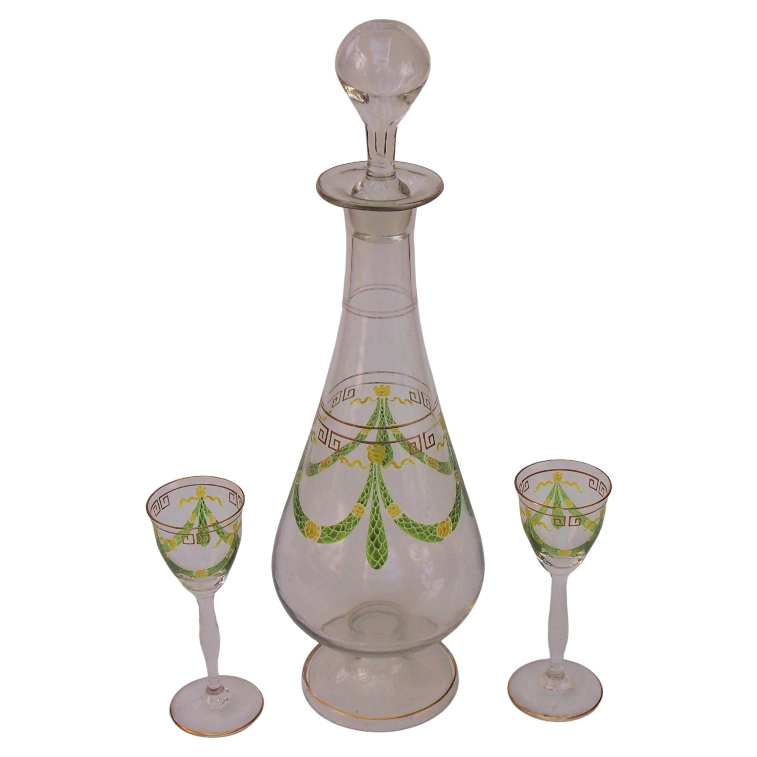 Theresienthal enamel decanter and two liqueur glasses c1907 For Sale