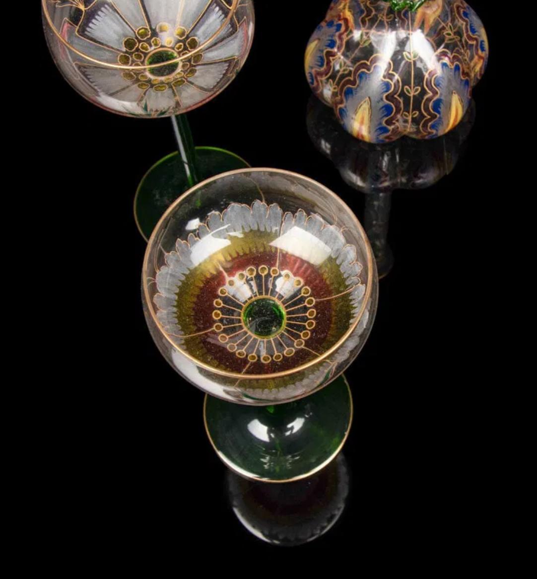 Theresienthal Serenade Hand Painted Austrian Crystal Decanter & Wine Stem Set
Height of decanter 12 inches; height of wine hocks 7 1/2 inches. 