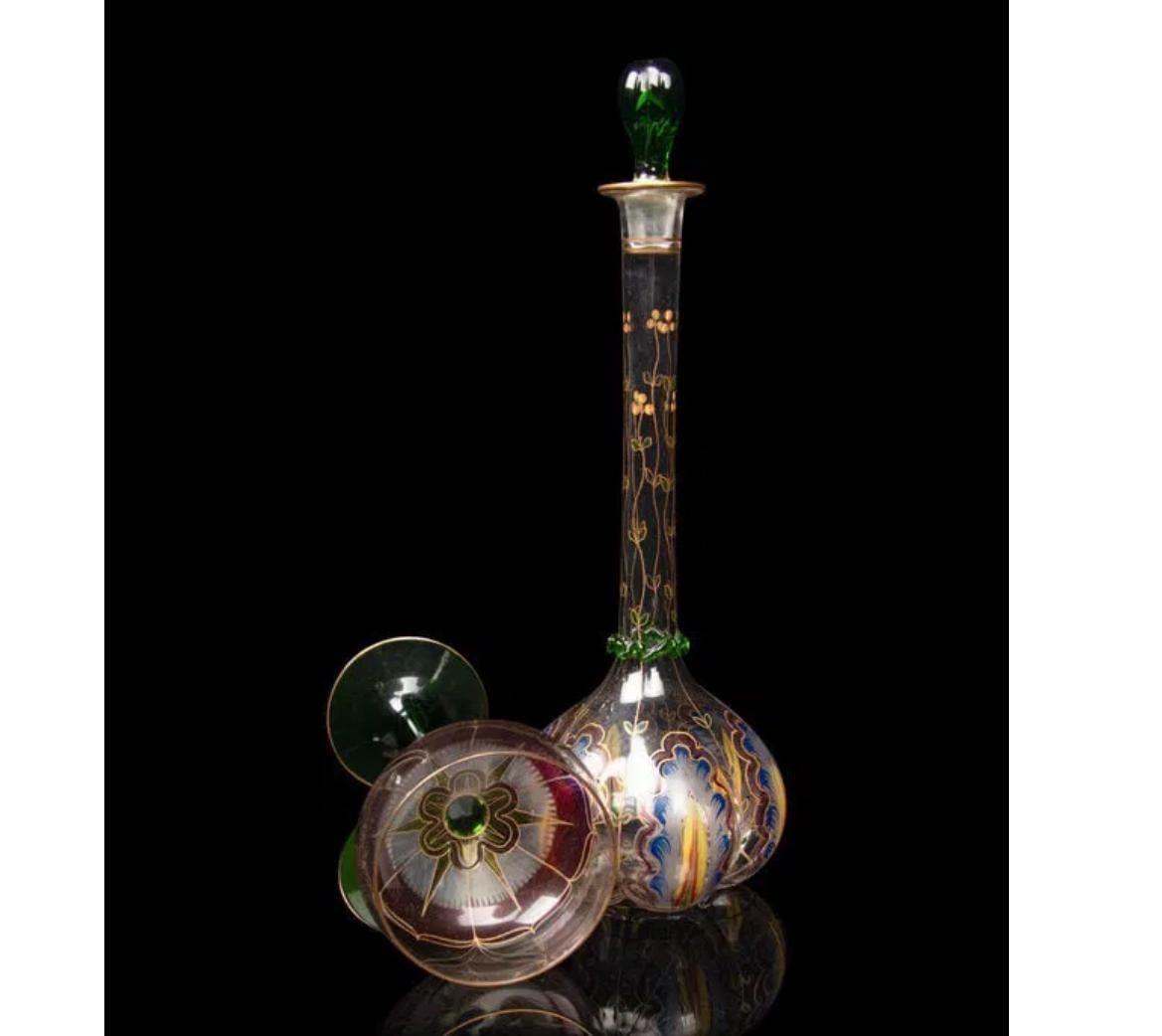 Art Nouveau Theresienthal Serenade Hand Painted Austrian Crystal Decanter & Wine Stem Set