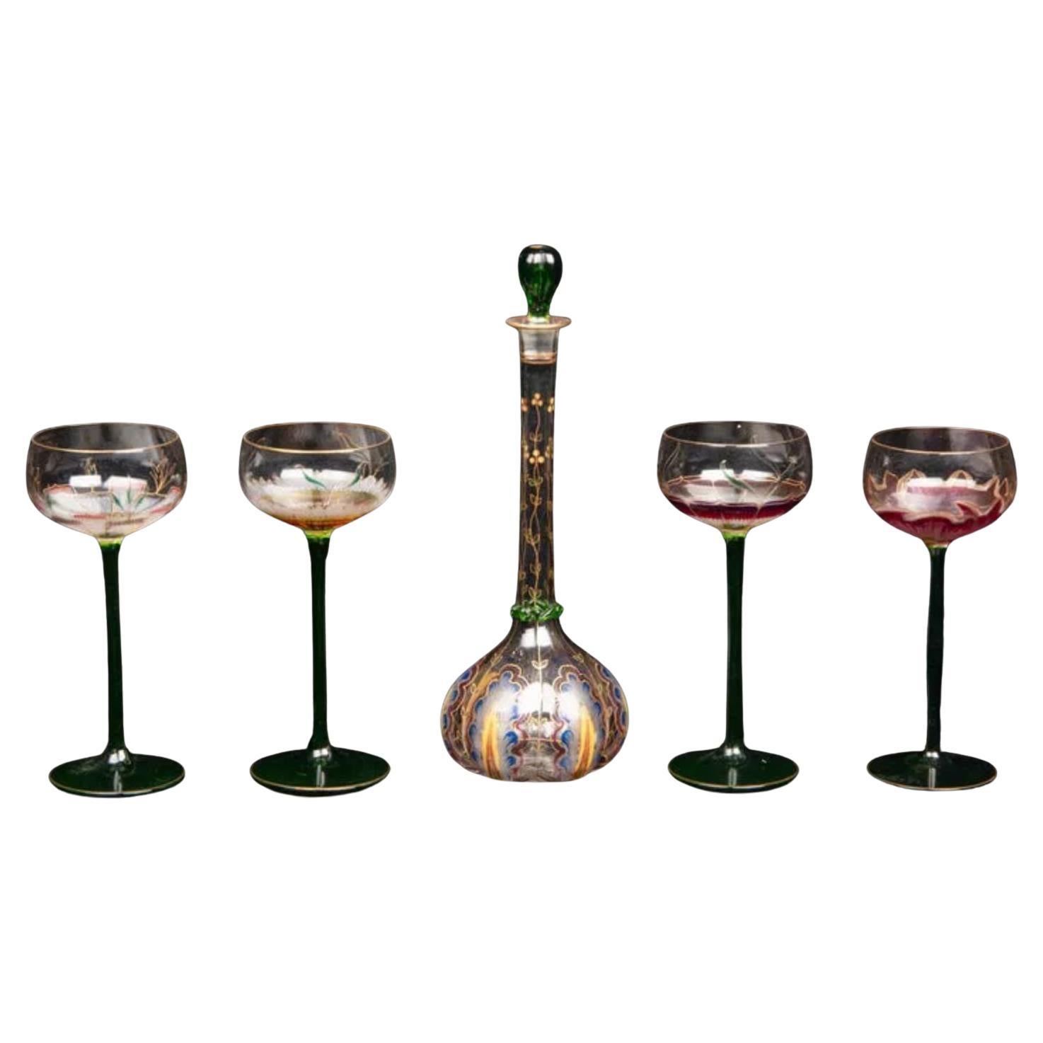 Theresienthal Serenade Hand Painted Austrian Crystal Decanter & Wine Stem Set